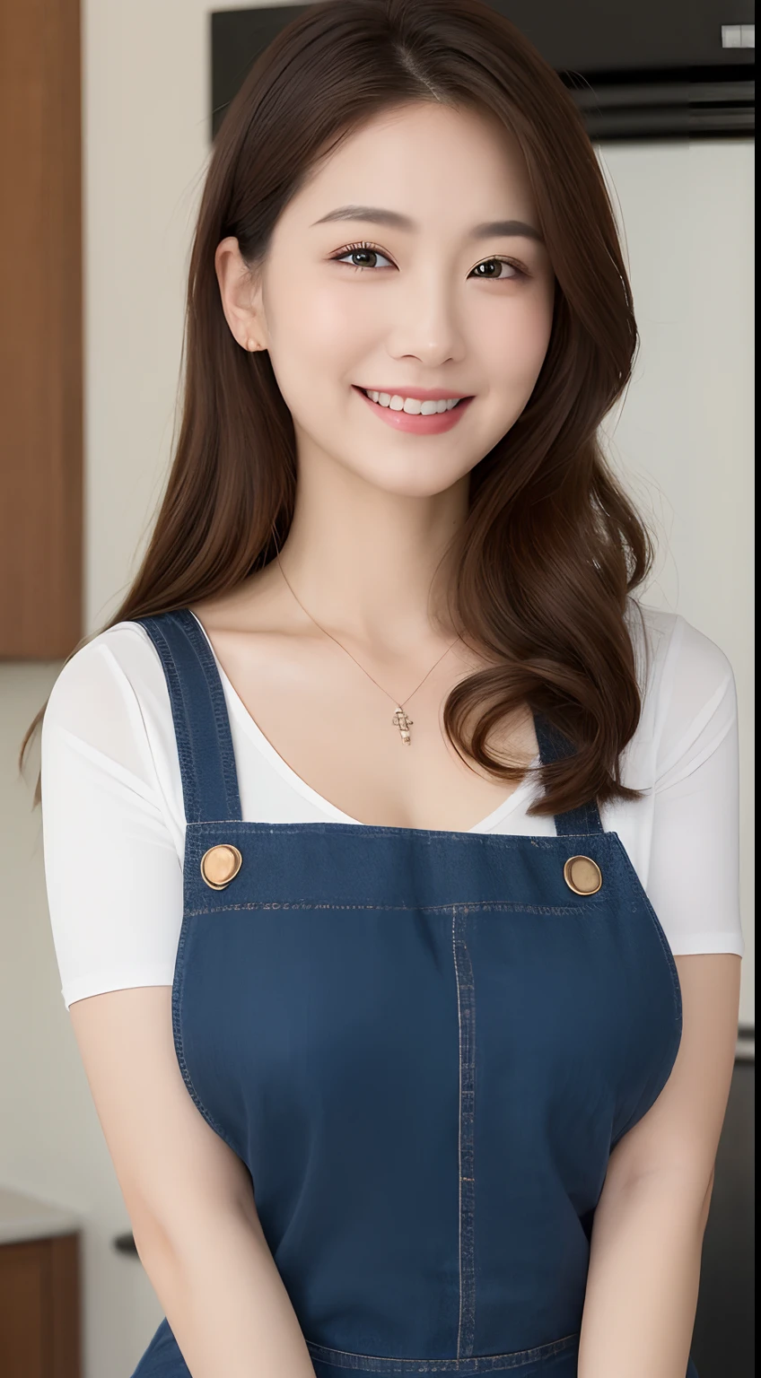 (Best quality, 8k, masterpiece: 1.3), a beautiful woman with perfect figure: 1.4, dark brown hair, wearing a pendant, wearing an apron, in the kitchen, highly detailed face and skin, detailed eyes, double eyelids, big breasts, smile