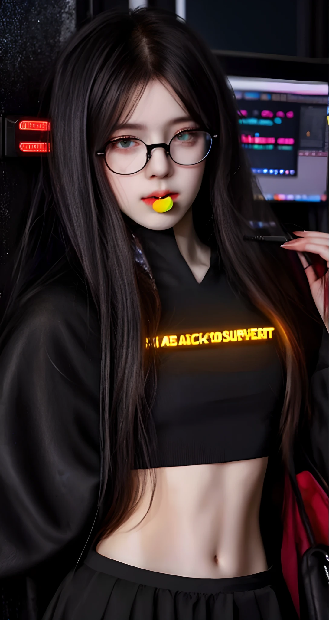 (Best picture quality),(tmasterpiece),Wear black thin-rimmed glasses,D-cups,The most exquisite high school girl,With a lollipop in his mouth,Computer systems are hacked,Cloaked,extremely detaile:1.3,Hinata Hinata,cyber punk style,Short skirt in cyberpunk style,High ponytail girl,Neon display,Hacker goddess,Hacker base