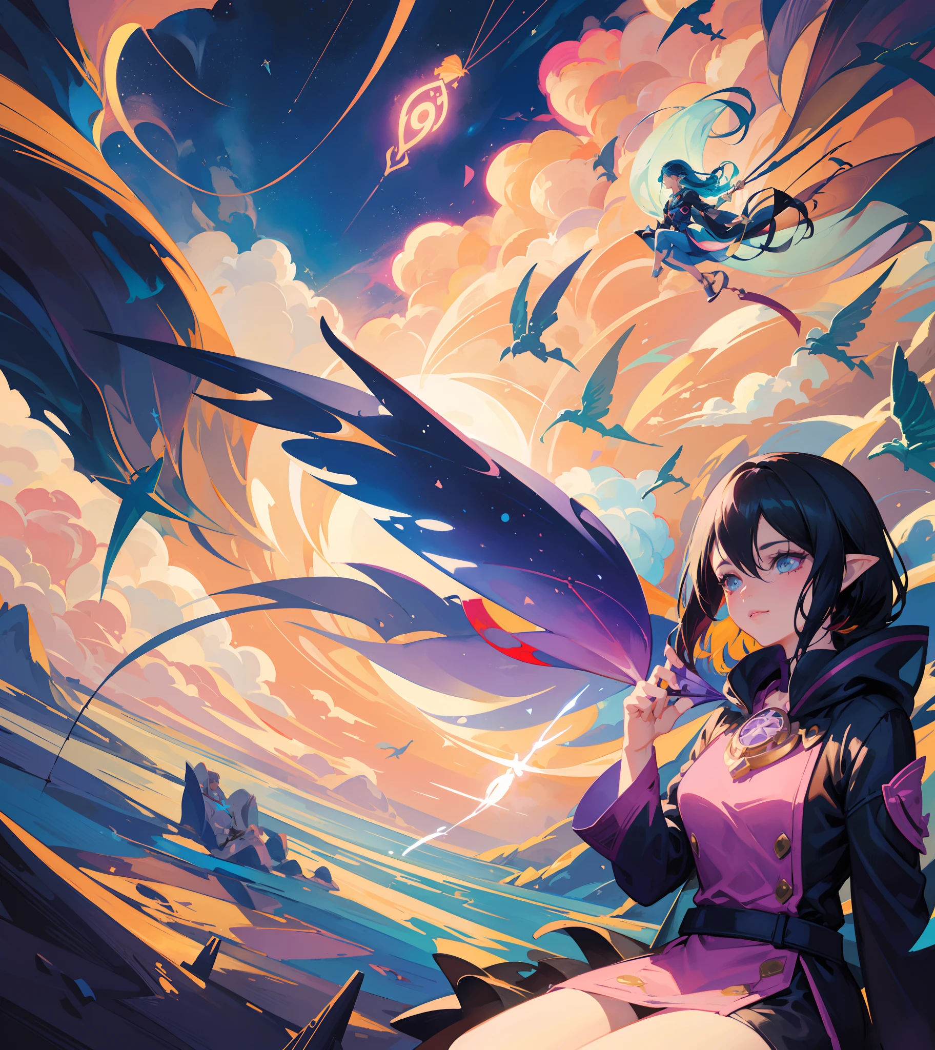 illustration of a woman flying through the sky with a kite, sky witch, jen bartel, by Atey Ghailan, sitting on the cosmic cloudscape, by Andrée Ruellan, inspired by Atey Ghailan, it is flying through space, dreamy illustration, cosmic tiefling d&d, by Ryan Yee, flying on the broom