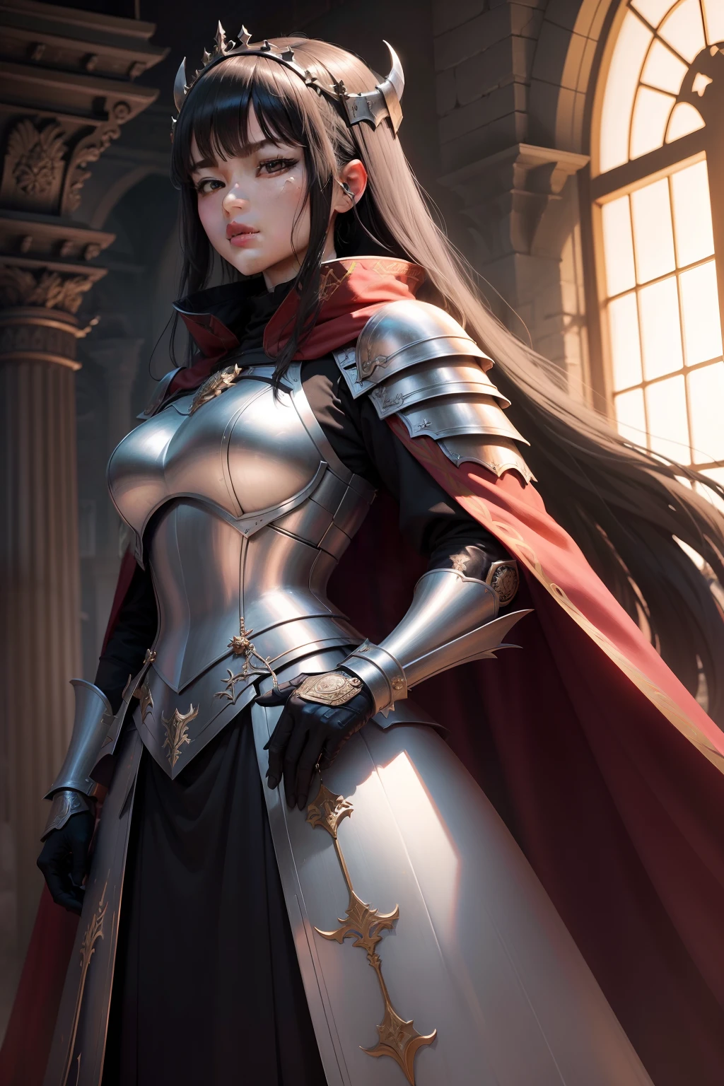 "In another world,The kingdom's army is struggling to fight the demon invasion。A mighty female knight stands beside, a noble figure wearing the cloak of a royal marquis。"