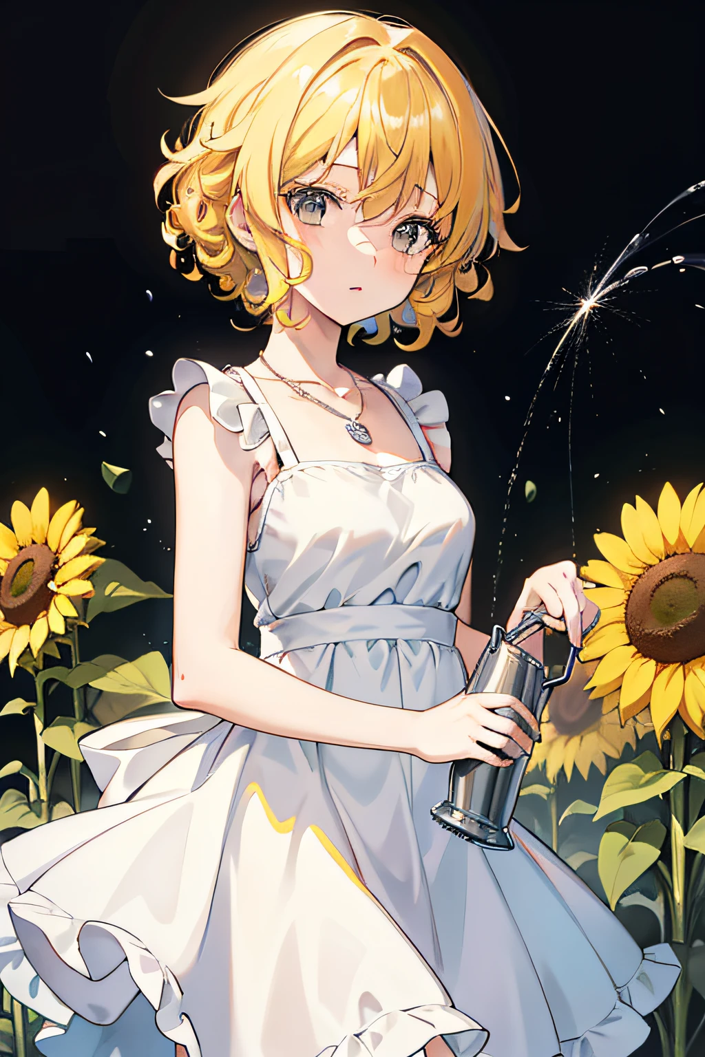 A beautiful girl, anime style girl, yellow hair, (curly hair), short hair, shoulder-length hair, gray eyes, white dress, a necklace, in the flower shop, with flowers, with sunflowers, holding watering can, watering flowers, 8k, super detail, masterpiece, high quality, high resolution, high detail, high face detail, dark, sad, HD quality