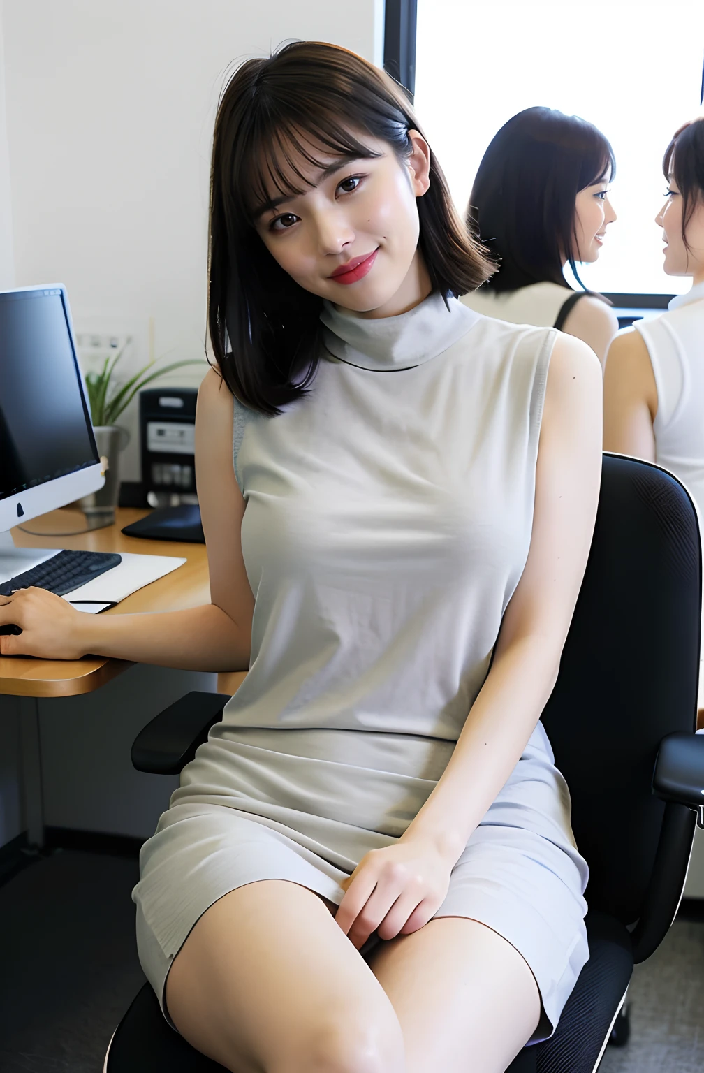 ((8K)、top-quality、masterpiece、超A high resolution:1.2)Photo Beautiful Japan woman(pleasing:1.1) Elegance、There is a good、Transparent atmosphere、Beautiful face、Gradient lighting、1girl in、Delicate skin、Look into the distance、Brown-eyed、(short hair with bangs:1.2)、(breasts are large:1.0)、(medium areola:0.8)、(realisitic:1.4)、(top-quality:1.0)、(超A high resolution:1.0)、8K、Raw photography、(masterpiece:0.2)、(pureerosface)、Contrast Trim Polo Neck Bodycon Dress、Onepiece、Polo shirt style dresses、Sleeveless、The shirt、Tight silhouette、want me、Take your eyes off、s Office、There are many computers lined up、Lots of desks、Large office、erect through、total darkness、subject、Lean、Hang your employee ID card from your neck、Having a file、deep in the night、Ass big、Kinda chubby、chubby figure、Bangs shed to the side、organize your hairstyle well、Put your ears out、Elbows on the desk、Sit up、open one's legs、Opening legs、I can see my panties、Futomo、Open both legs、sit a chair、From elbow to elbow with one elbow、Leaning on the desk、Laugh、smil、Spread your legs and show your panties、I can see my panties、open one's legs、