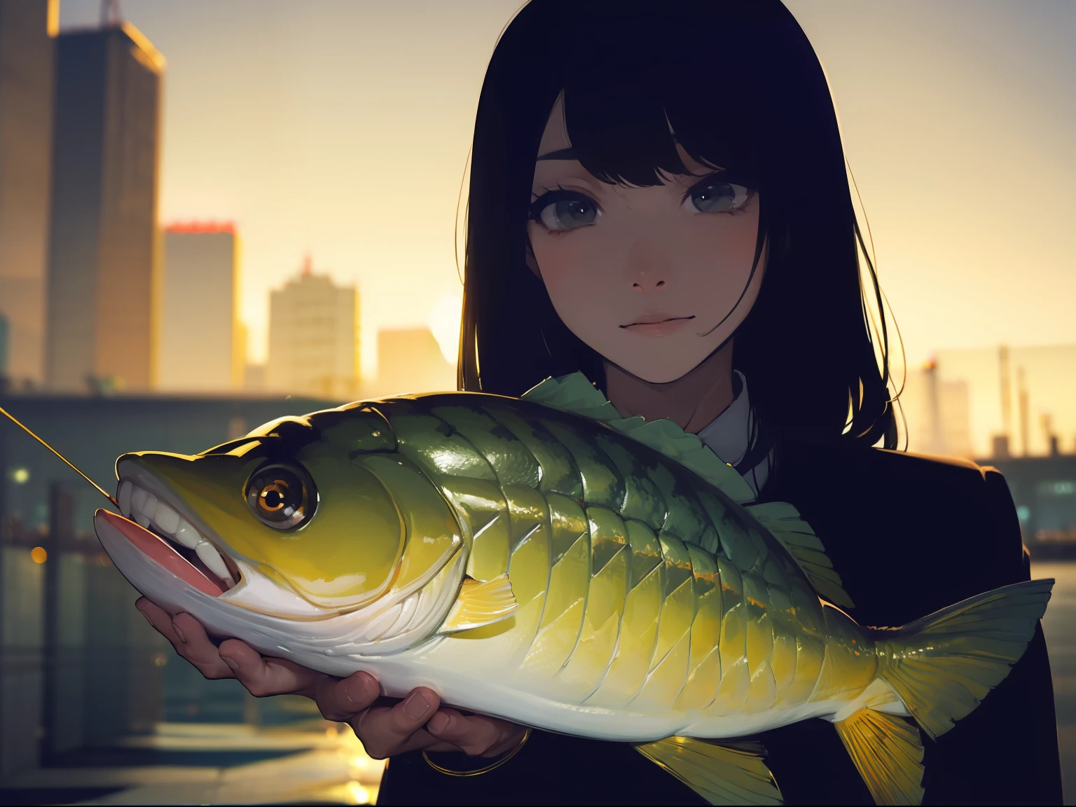 ((((Catch big fish by the lakeside)))),((Best Quality, masutepiece :1.3)),((( Large Mouth Bass))),hight resolution,ultra-detailliert,Beauty and aesthetics,masterpiece,best qualtiy,(1 Japanese 22 years old woman),Black hair, long eyeslashes, Solid Circle Eyes, deadpan, drop shadow, Atmospheric perspective,Super Detail, ccurate, small brest,(Black jacket :1.1),top-quality, absurderes:1.2, blurry backround, bokeh dof:1.2, a picture, (masterpiece:1.3), (intricate detailes:1.2), Atmospheric perspective,Super Detail, ccurate,