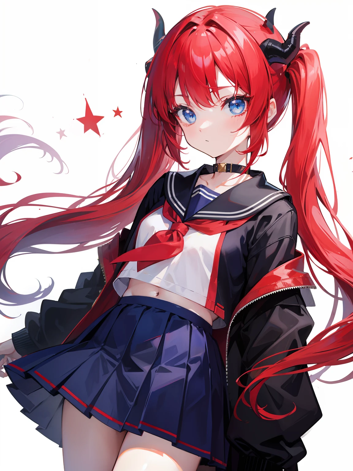 red hair, blue eyes, twintails, Sailor suit,black coat, Dragon horns,Pleated skirt,solo,****,cute,bow