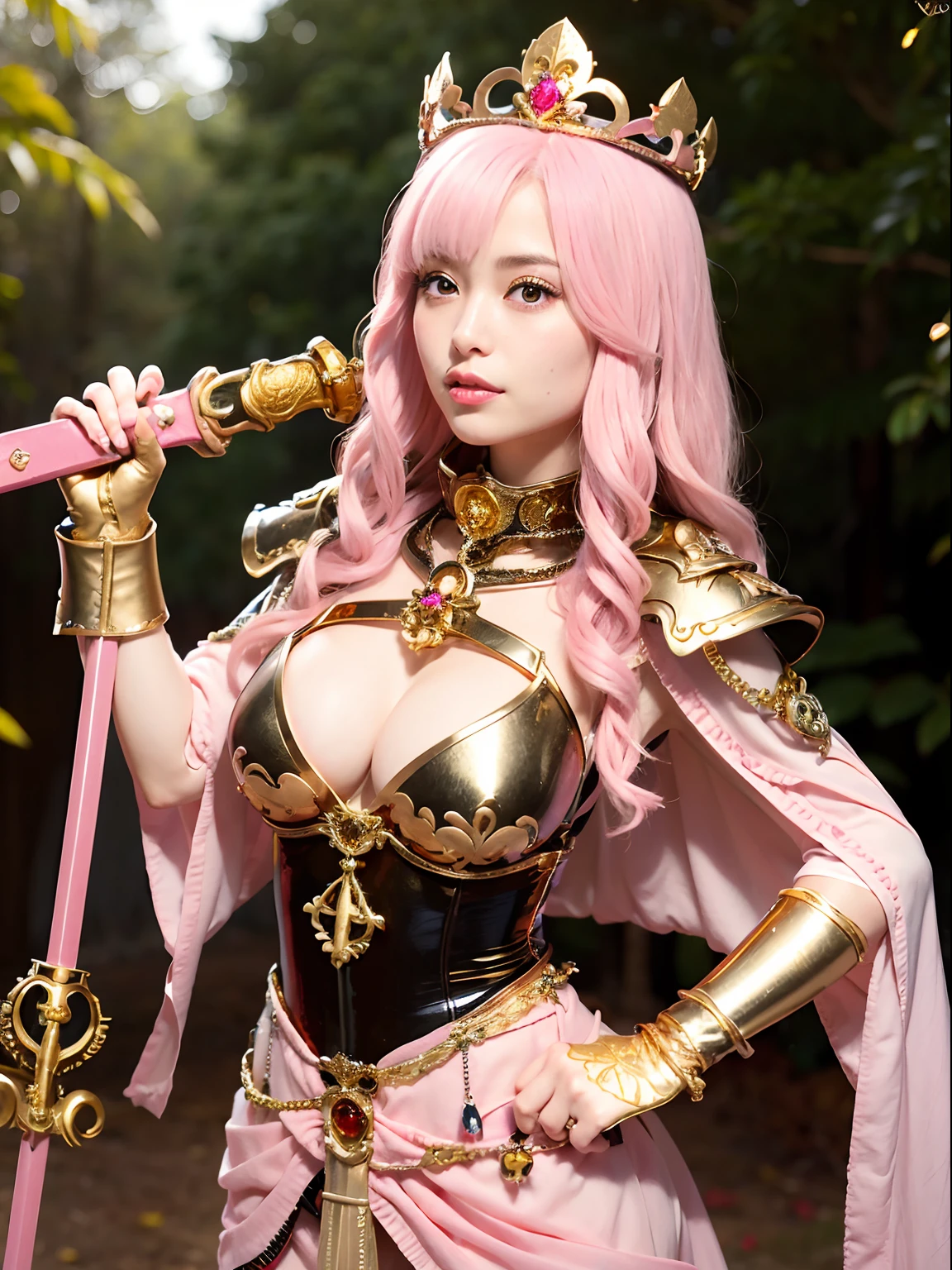 (masutepiece), Professional , ​masterpiece、top-quality、photos realistic , depth of fields （Gemstone Silver Metal Body:1.９),(Matte Pink、Jewel Gold Weapon（Jewel Metal Body:1.４),Gorgeous metal weapons , Detailed Sword of the Brave , Beautiful knife   ,warhammer 40k , adepta sororitas,Detail and ornate jewel crown、Black hair、Gangle's forest background、Beautiful Caucasian beauty、１a person、dynamic ungle,(((Detailed and ornate diamond crown)))、Smaller head、A smile、Take a sexy pose、Background inside the castle、Thin and beautiful female hands、