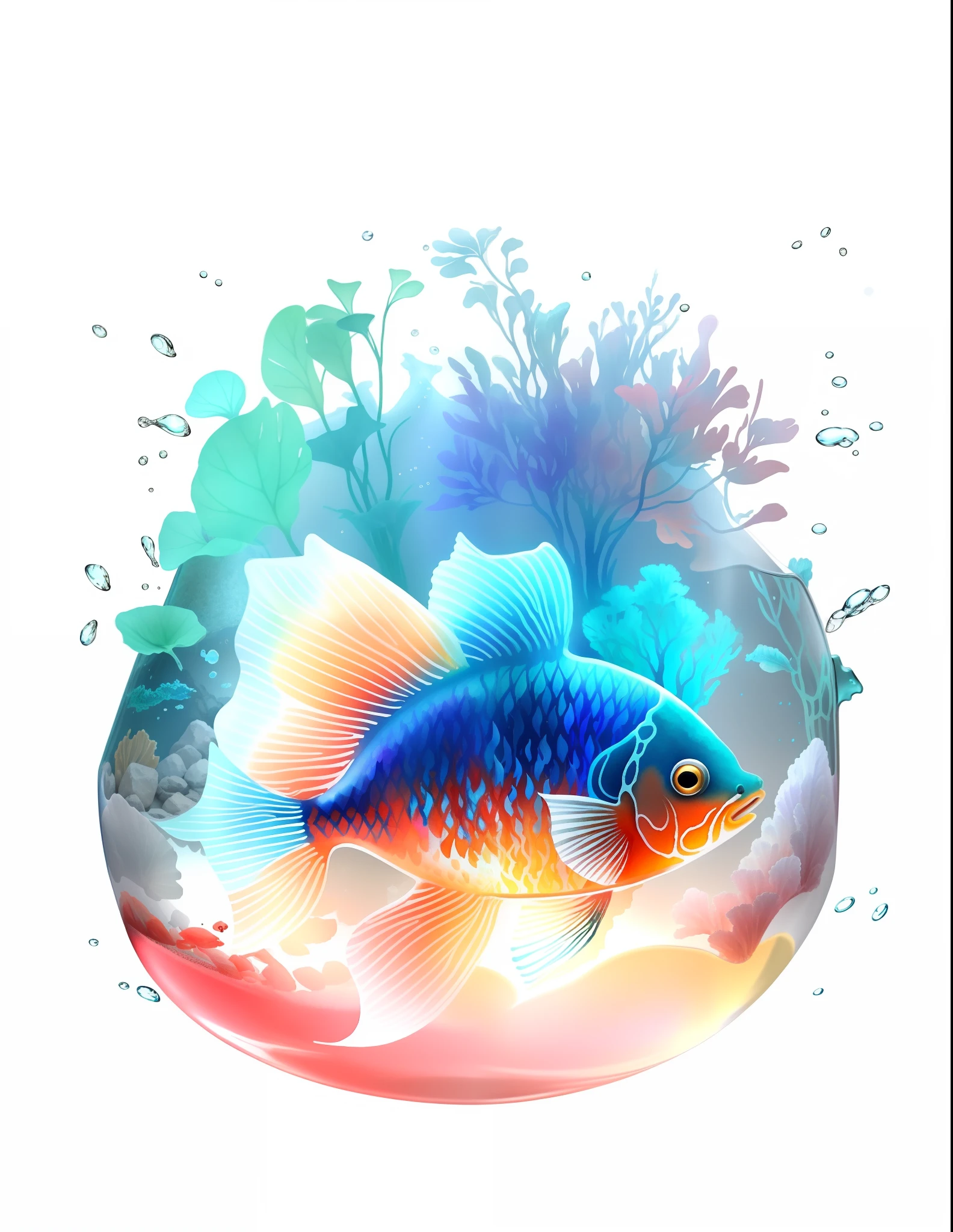 Draw a fish in a glass bowl with watercolor,lamp lights ( ( ( fish tank ) ) ) ), fish are glowing in the ocean, koi fishes,Usionat glass bowl,The fish,watercolor paiting,pastelcolor,A masterpiece,tmasterpiece,airbubble,Splash water,Color ink