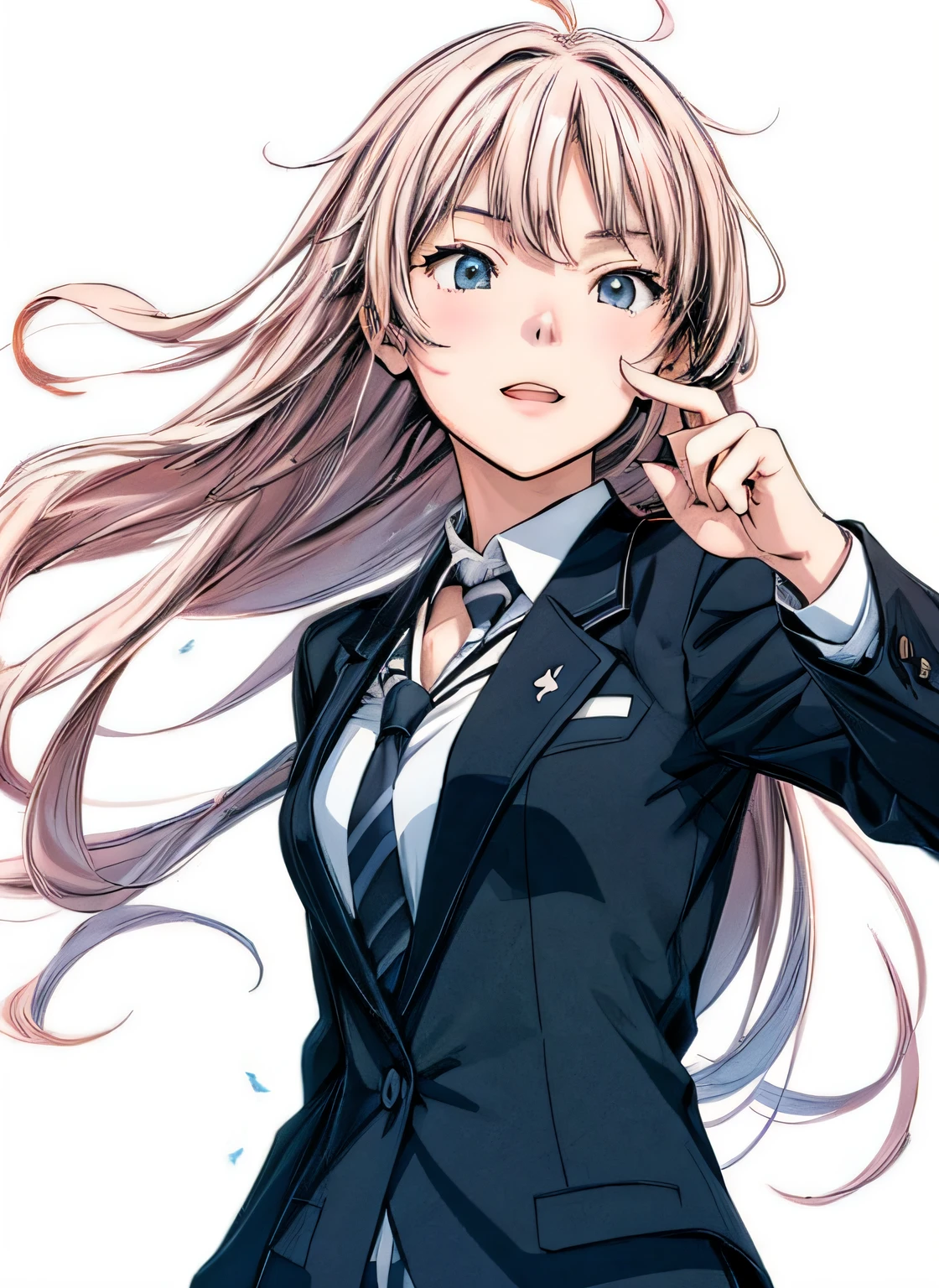actionpose、Overflowing、cheerfully、(Manga style)、(linear art_Anime)、(black-and-white_strong contrasts)、小柄,Solo_girl, masterpiece, top-quality, beautifully drawn, ighly detailed, Aesthetic painting, (Lora Add Details:1.0),hi-school girl、Straight hair、jaket、Business suits、neck tie、(Background of the building district:1.0)
