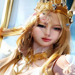 blond haired woman in a gold crown and blue dress holding a teddy bear, a beautiful fantasy empress, ((a beautiful fantasy empress)), portrait of an elf queen, portrait of queen of light, rei hino as a princess, portrait of princess zelda, blonde - haired princess, blonde elvish empress, princess 'kida' kidagakash, goddess. extremely high detail