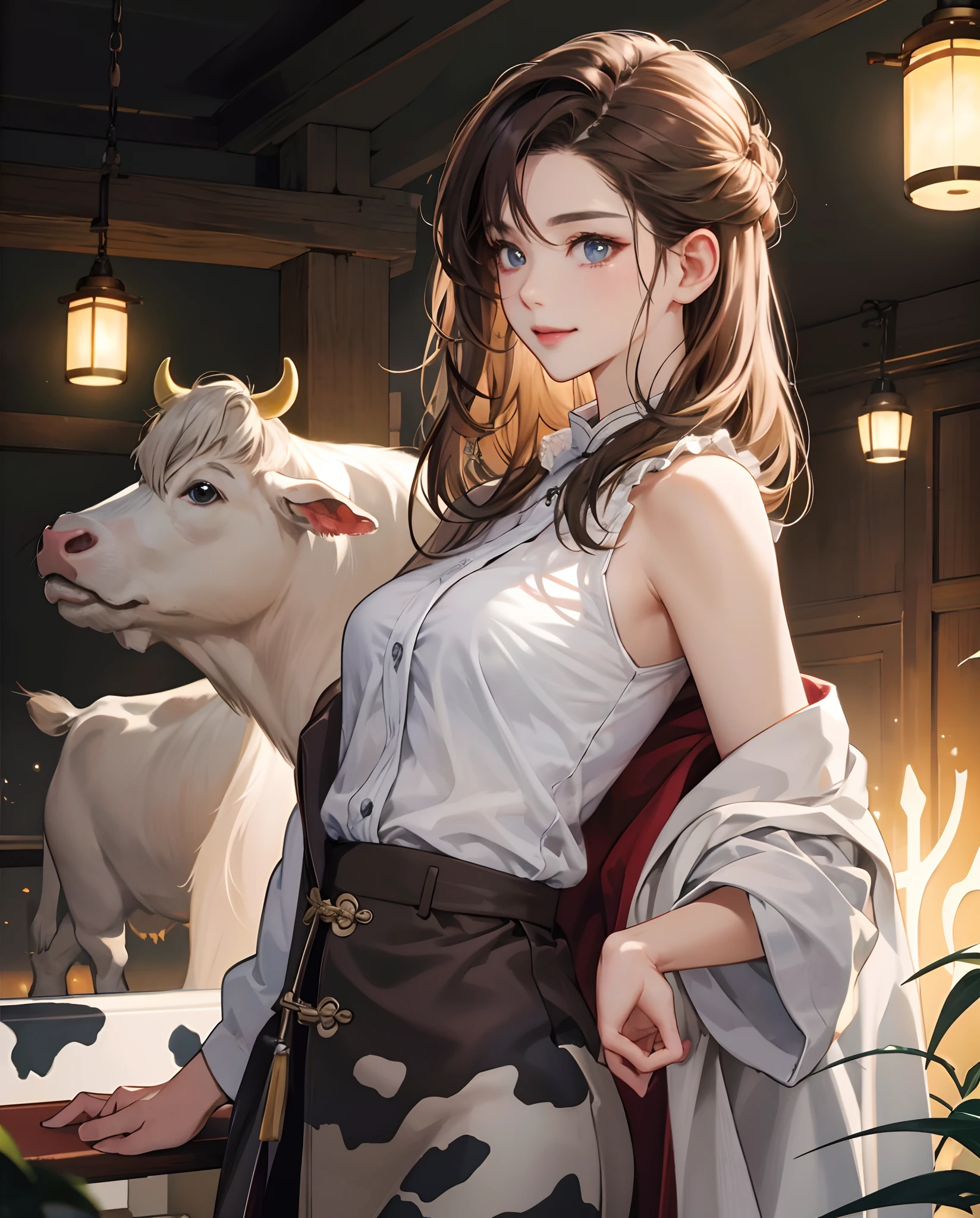 ((best qualtiy、8K masterpiece:1.3))、foco nítido:1.2、(ultra beautiful faces:1.0)、(shiny skins:1.0)、Photos realistic、brunette color hair、Video lighting、High-definition eyes and face、Video lighting、(cow boy shot:1.3)、(Chinese cute actress)、From the front side、Medium large breasts、ssmile、Sleeveless、In a white blouse shirt,Undressing