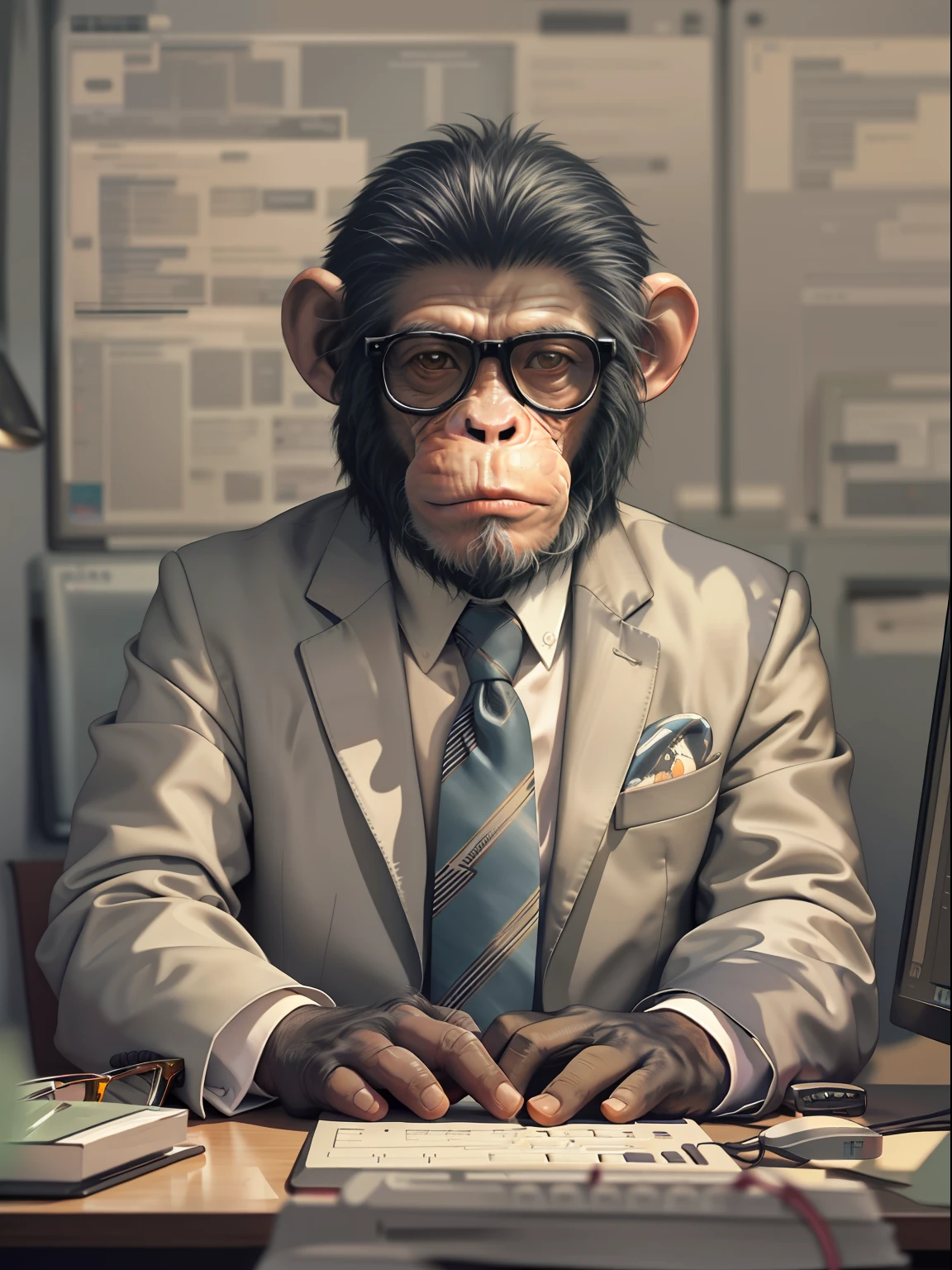 chimp，Not human，dressed in a suit，With a tie，Wearing glasses，Sit in front of a computer and type，Keep your eyes on the computer screen，The background is a crowded office，Side lens，Rich in detail