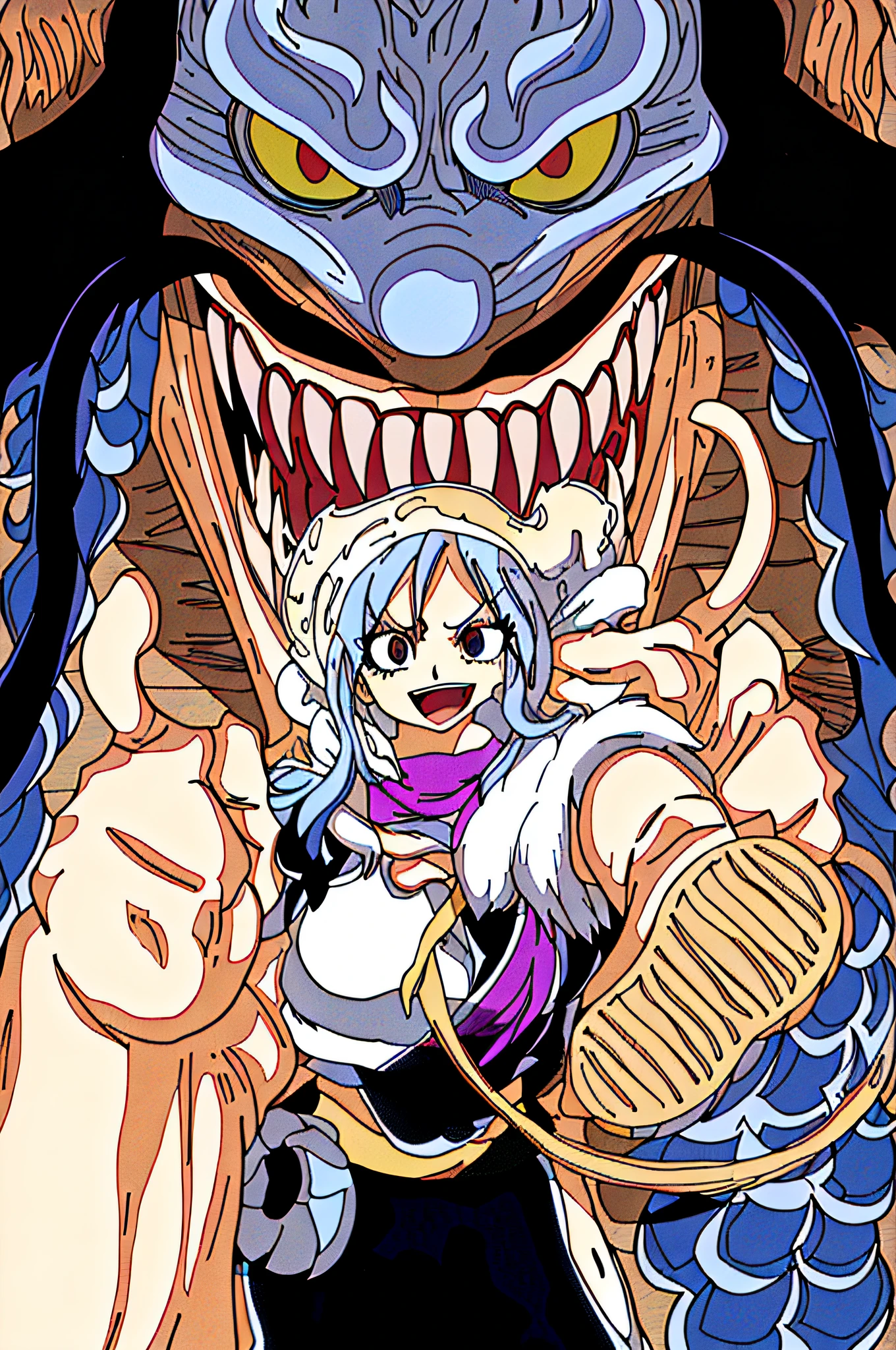 Anime characters with big mouths and big smiles on their faces, from one piece, Full color comic book cover, full-colour illustration, author：Joichiro Oda, coloured manga scan, offcial art, full color digital illustration, king of pirates, epic full color illustration, Official artwork, color spread, One Piece, comic cover art, his trunk is a huge tentacle