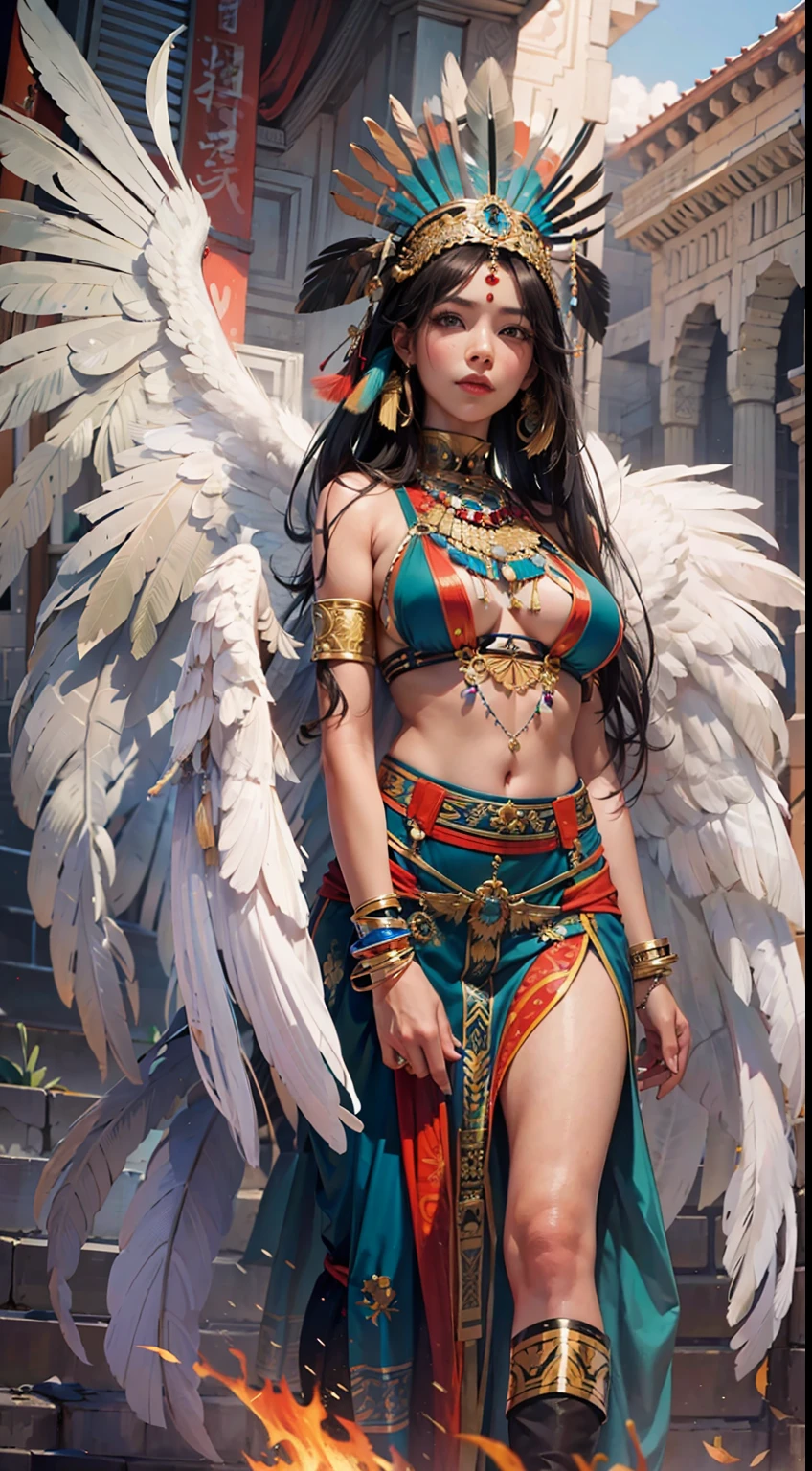 A Japanese woman walking in the city,Buildings,A plant,ssmile,Mixed Korean,The background is blurred out,focal,电影灯光,(((tmasterpiece))), ((best qualtiy)), ((Complex and detailed)), ((ultra-realistic realism)), Ridiculous resolution, A MILF, Mature woman, ssee-through, highly detailed, illustratio, 1girll, (huge tit), Thin waist and thick hips,long leges,beatiful detailed eyes, short detailed hair, brunette color hair, a purple eye, (Indian costumes:1.2),American Indian,Headdress Eagle Feather Crown,Traditional Indian costumes,Indian tribes,Indian tribal totem,Totem tattoo,Indian ornaments,Colorful costumes of Indians,(No underwear),pantiess, detailed back ground, perfect eyes, Seductive eye, looking at viewert, From the front,Wear light,