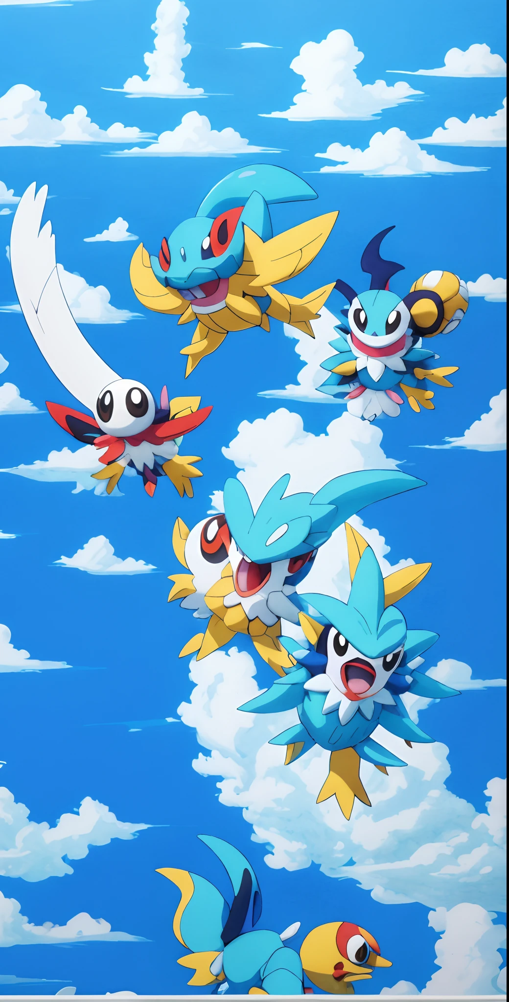 Cartoon characters flying in the sky,blue backdrop, illustration pokemon, Water type, giant squids battling in the sky, the wallpaper!, do you know de wae, pokemon anime style, offcial art, pokemon art style, pokemon fighting at world war 2, Official artwork, melting into lilligant, promo art, Wallpaper phone, for pokemon red and blue