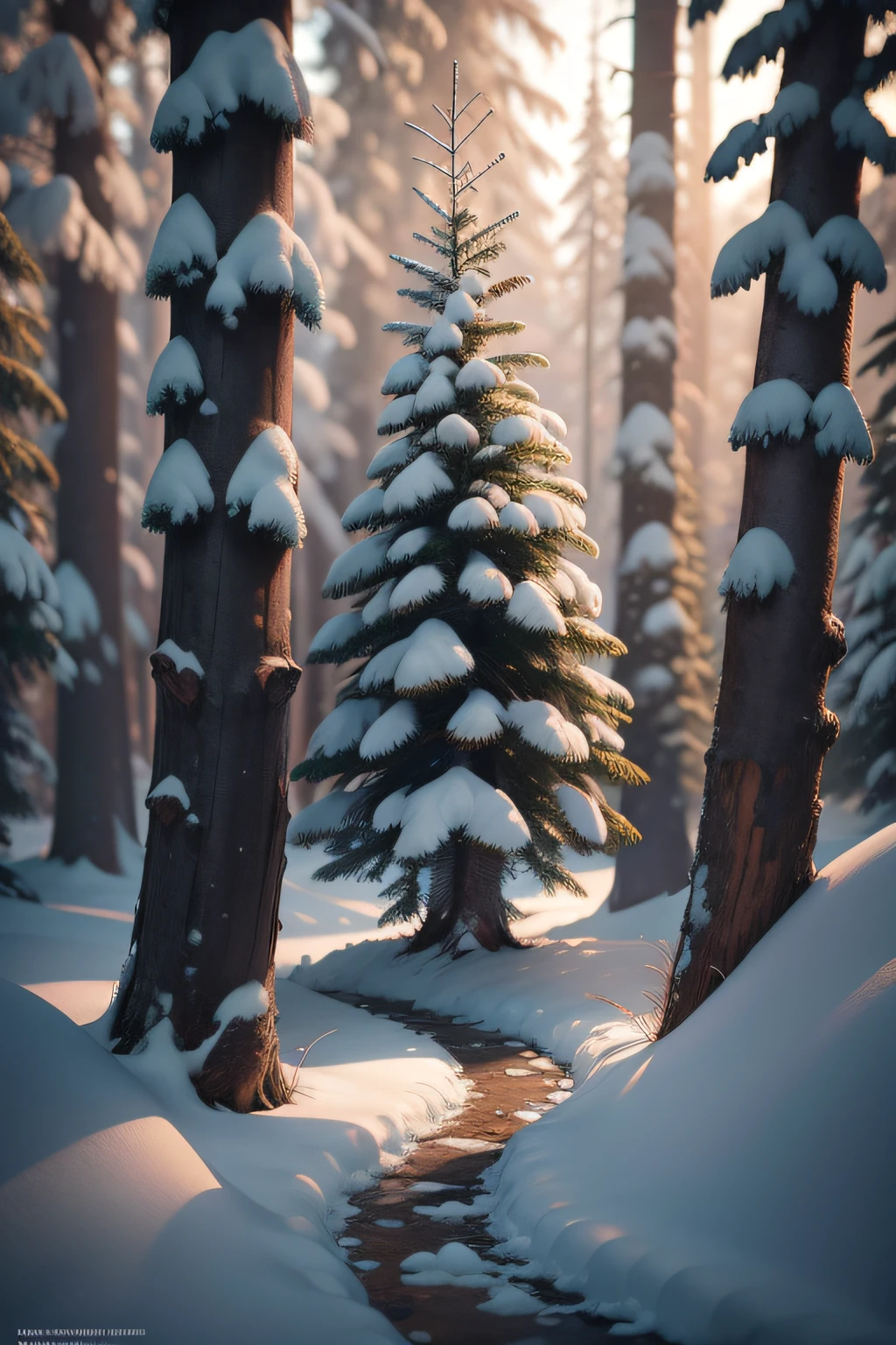 Masterpiece, best quality, high quality, highly detailed CG unity 8k wallpaper, coniferous forest, silence, towering conifers covering the forest floor, severe cold climate, serene beauty, snow, winter, mild summer, breeze, Conifers, branches, bokeh, depth of field, HDR, bloom, chromatic aberration, photorealistic, extremely detailed, popular on artstation, popular on CGsociety, complex, high detail, dramatic, art midway