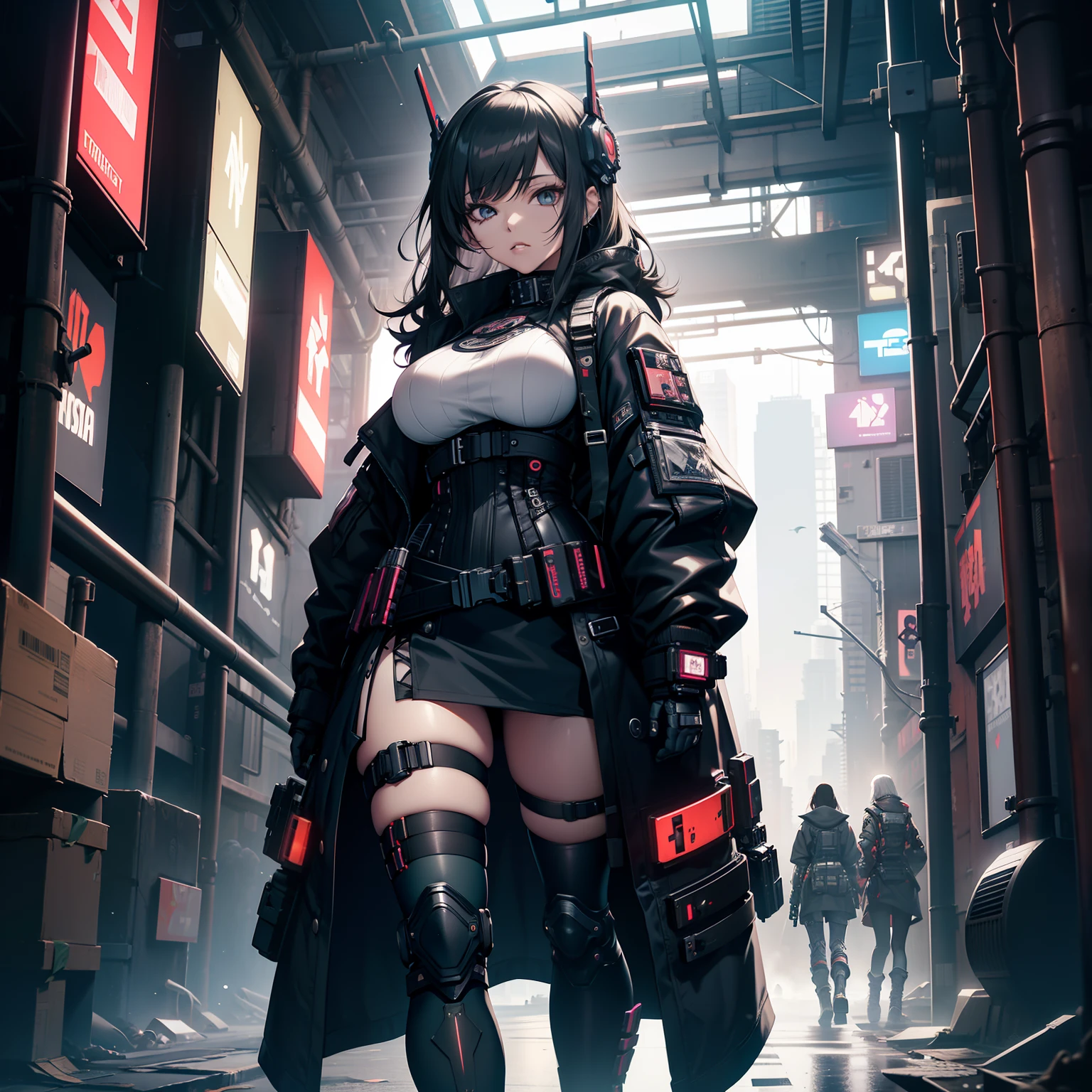 there is a woman with small breasts and massive hips in a corset and a black and white outfit, with Fishnet on breasts, humble outfit, wearing techwear and armor, cyberpunk outfit, wearing japanese techwear, intriguing outfit, all black cyberpunk clothes, cyberpunk style outfit, female cyberpunk anime girl, cyberpunk streetwear, cyberpunk dress, anime girl cosplay, photograph of a techwear woman, cyberpunk anime girl, wearing cyberpunk streetwear, maid outfit