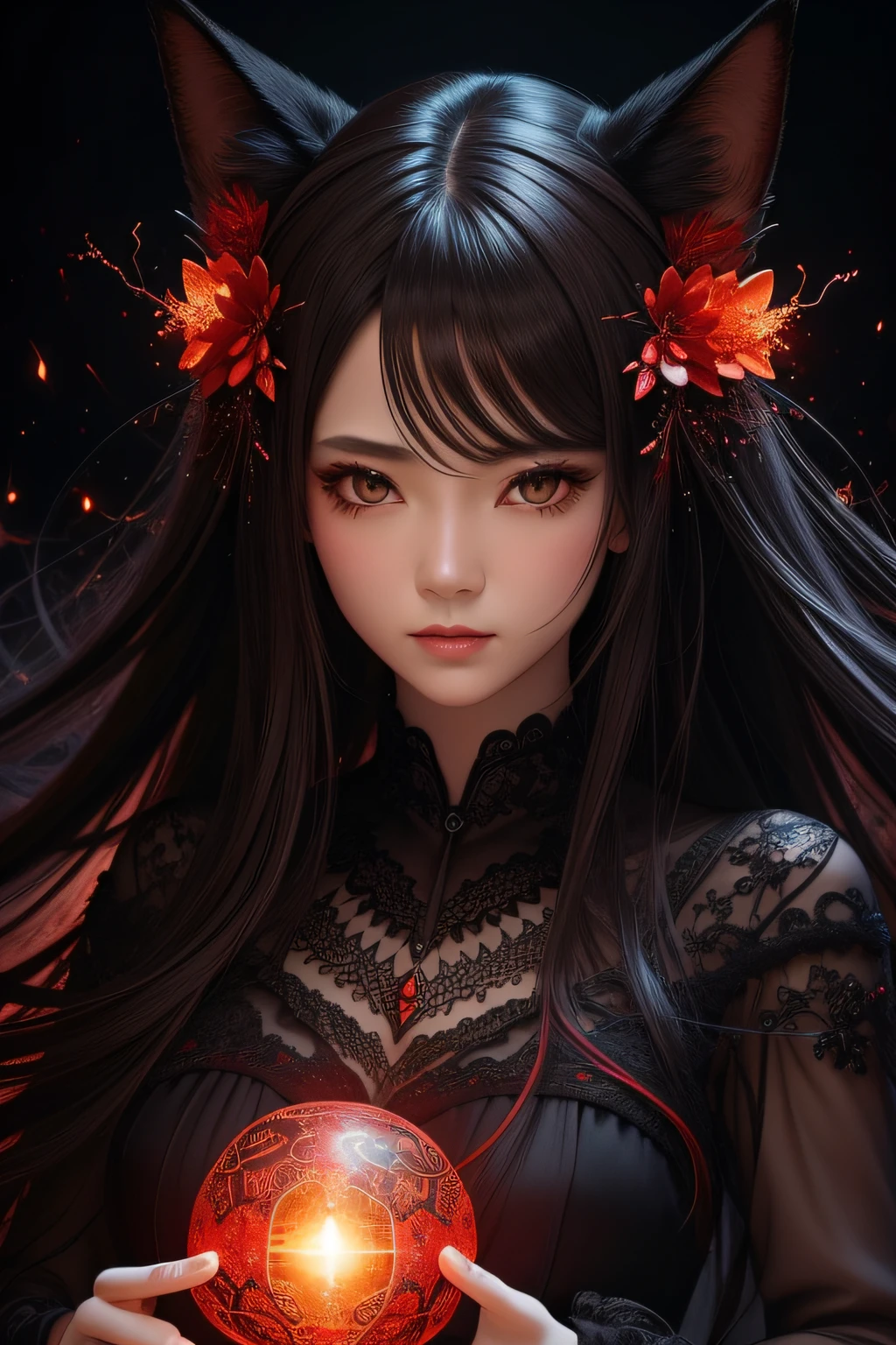 Red and black、(1woman:1.2),(dark brown eyes)、Black dress、loimu、fox、gotik、Spark Art、Mysterious、power of the god、with strobe light、Dramatic shadows and highlights、Create images with a sense of depth and three-dimensionality,Tangles、Entanglement、stumble、ornate、vivd colour、ighly detailed、Most Beautiful Form of Chaos、complex pattern、(Fractal art:1.3)、Movie stills、Photorealsitic、Saki Matsumura、wire,neons