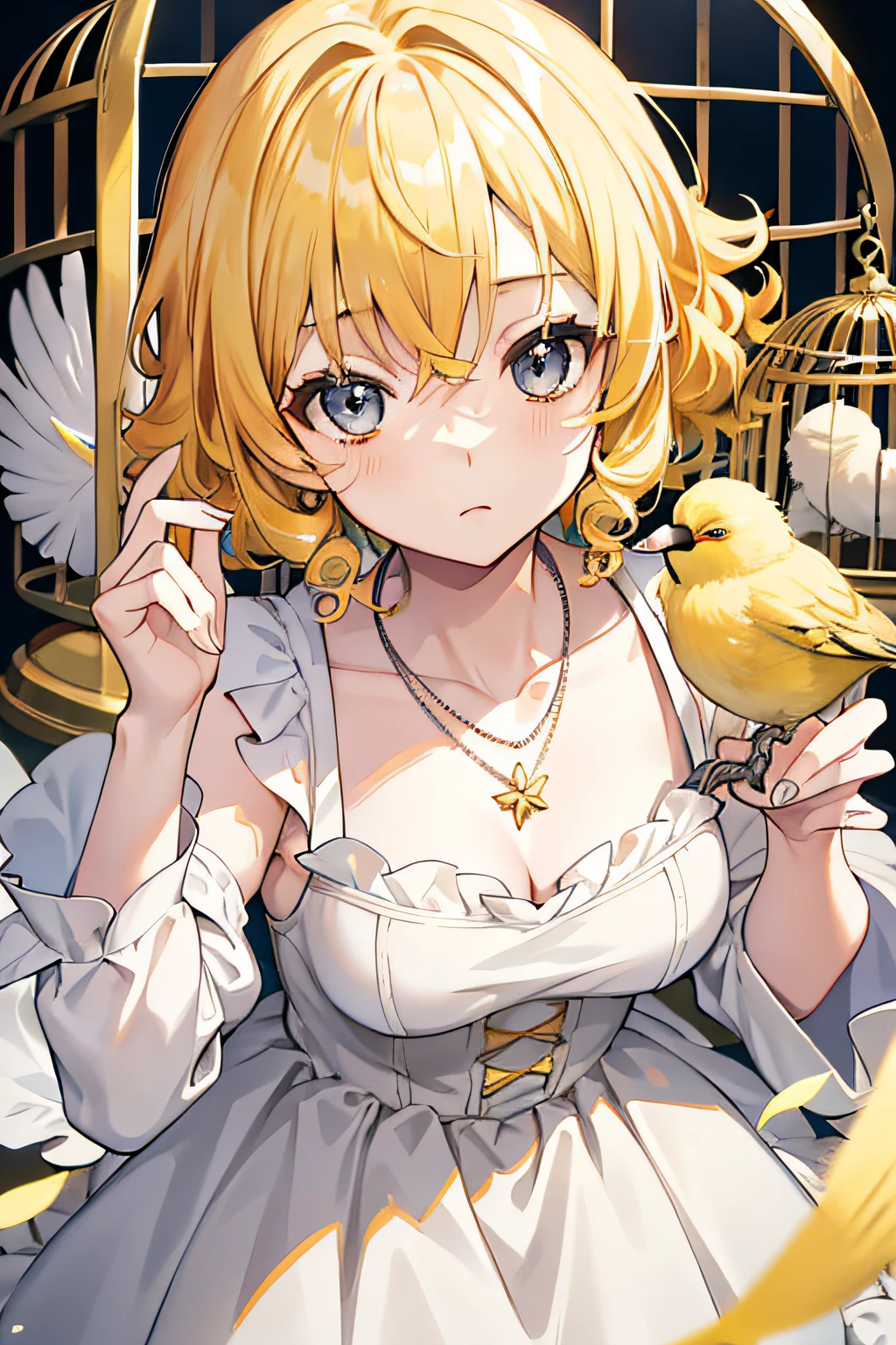 A beautiful girl, anime style girl, yellow hair, (curly hair), short hair, shoulder-length hair, gray eyes, white dress, a necklace, in the bird cage, a girl in the cage, with a white bird, 8k, super detail, masterpiece, high quality, high resolution, high detail, high face detail, dark, sad, HD quality