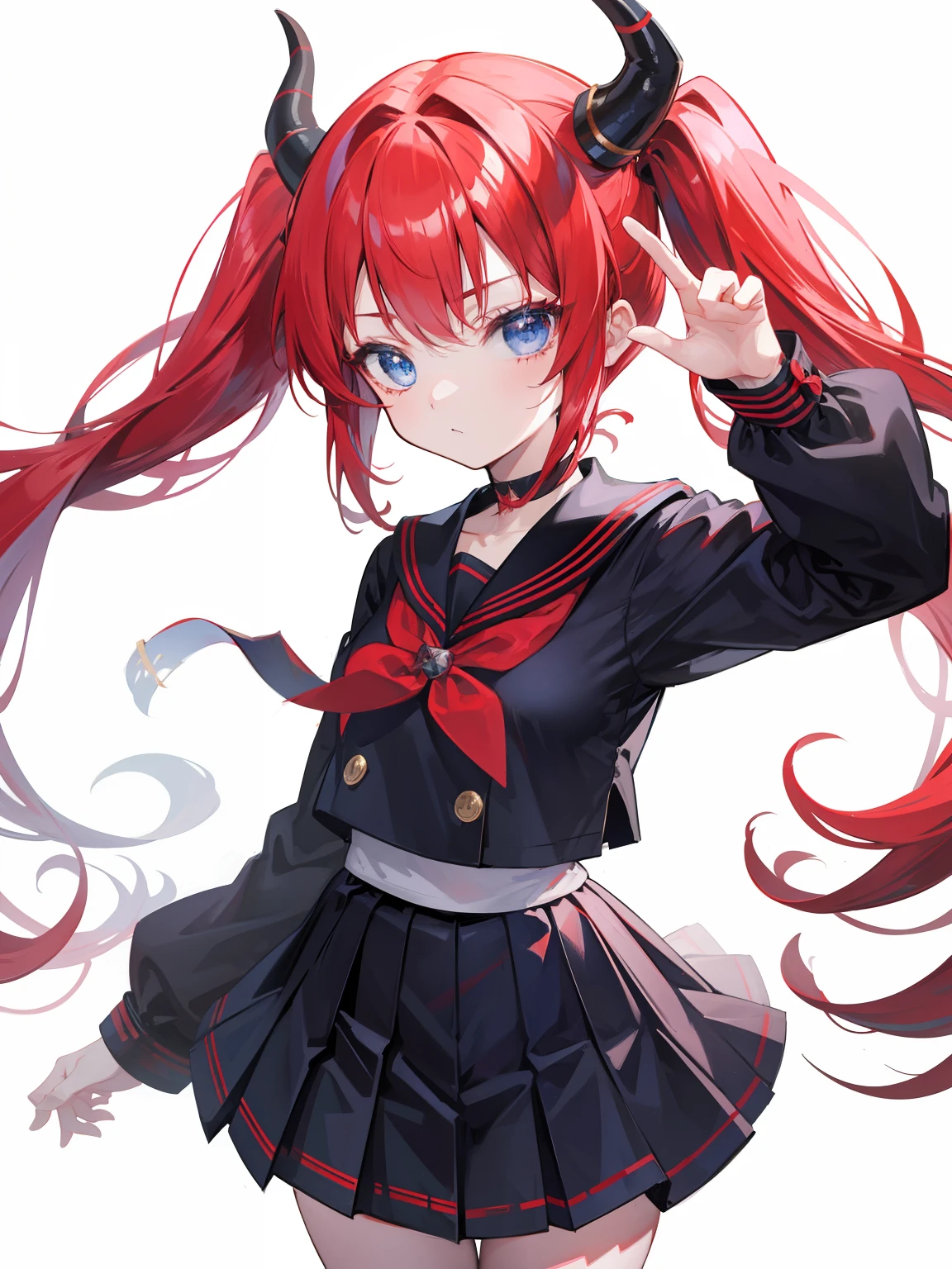 red hair, blue eyes, twintails, Sailor suit,black coat, Dragon horns,Pleated skirt,solo,loli,cute,bow
