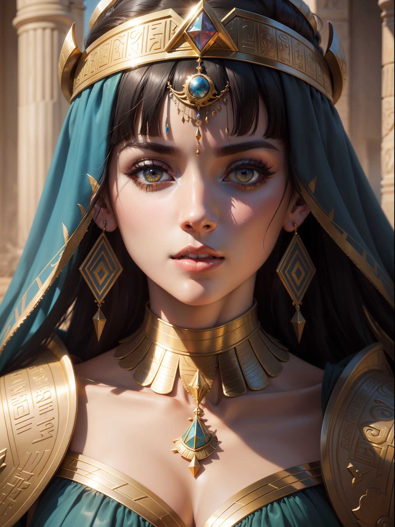 Draw colorful and painterly art inspired by the movie Cleopatra (1963). You should depict the majestic and mysterious atmosphere of Ancient Egypt. Try to convey the wealth and luxury of the time period. The main character, Cleopatra (with the face of actress Elizabeth Taylor at 20 years old), should be depicted with bright and elegant clothes that emphasize her status as a queen. The background can be an image of the pyramids, Egyptian temples and ancient cities. Other characters such as Julius Caesar and Mark Antony may also be present to emphasize the importance of their role in the plot. Don't forget to add details and textures to create realism and depth. Art, 4K resolution , photorealistic rendering, using Cinema 4D.extremely detailed, amazing, fine detail, rich colors, hyper realistic