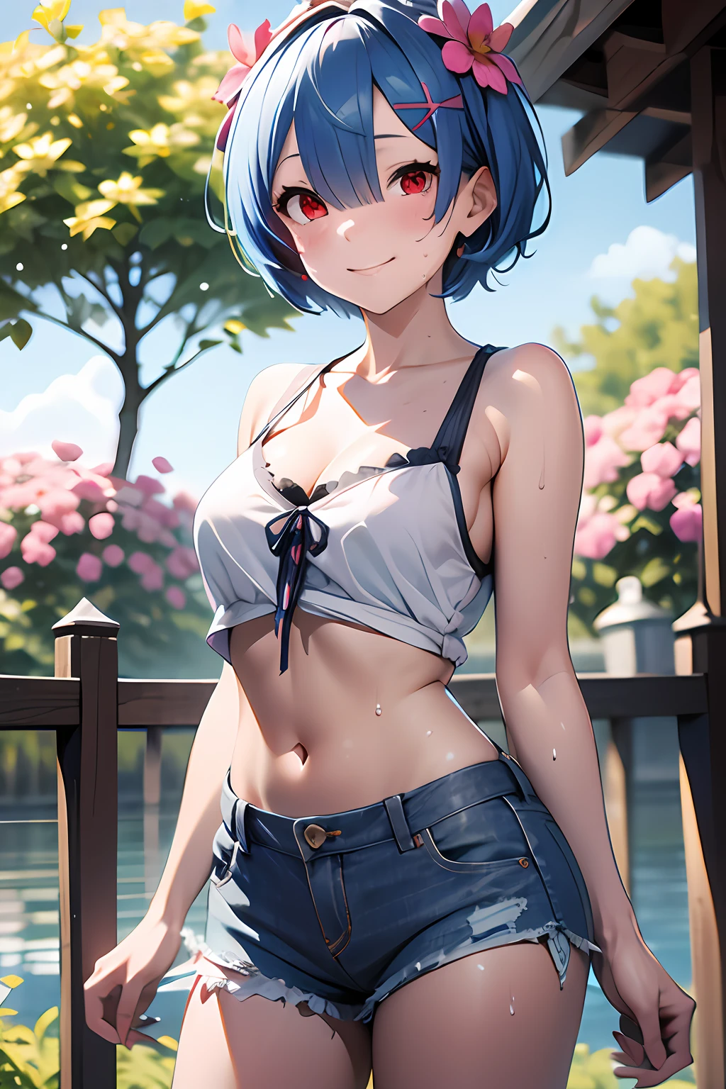 masterpiece, best quality, highres, ram1, 1girl, solo, rem \(re:zero\), blue hair, short hair, red eyes, hair over one eye, ribbon trim, hair ribbon, x hair ornament, frills, tranparent tank top, wet tank top, denim shorts, medium breasts, cleavage, sweating, hair flower, outdoor s, standing, smile, perfect background, perfect light