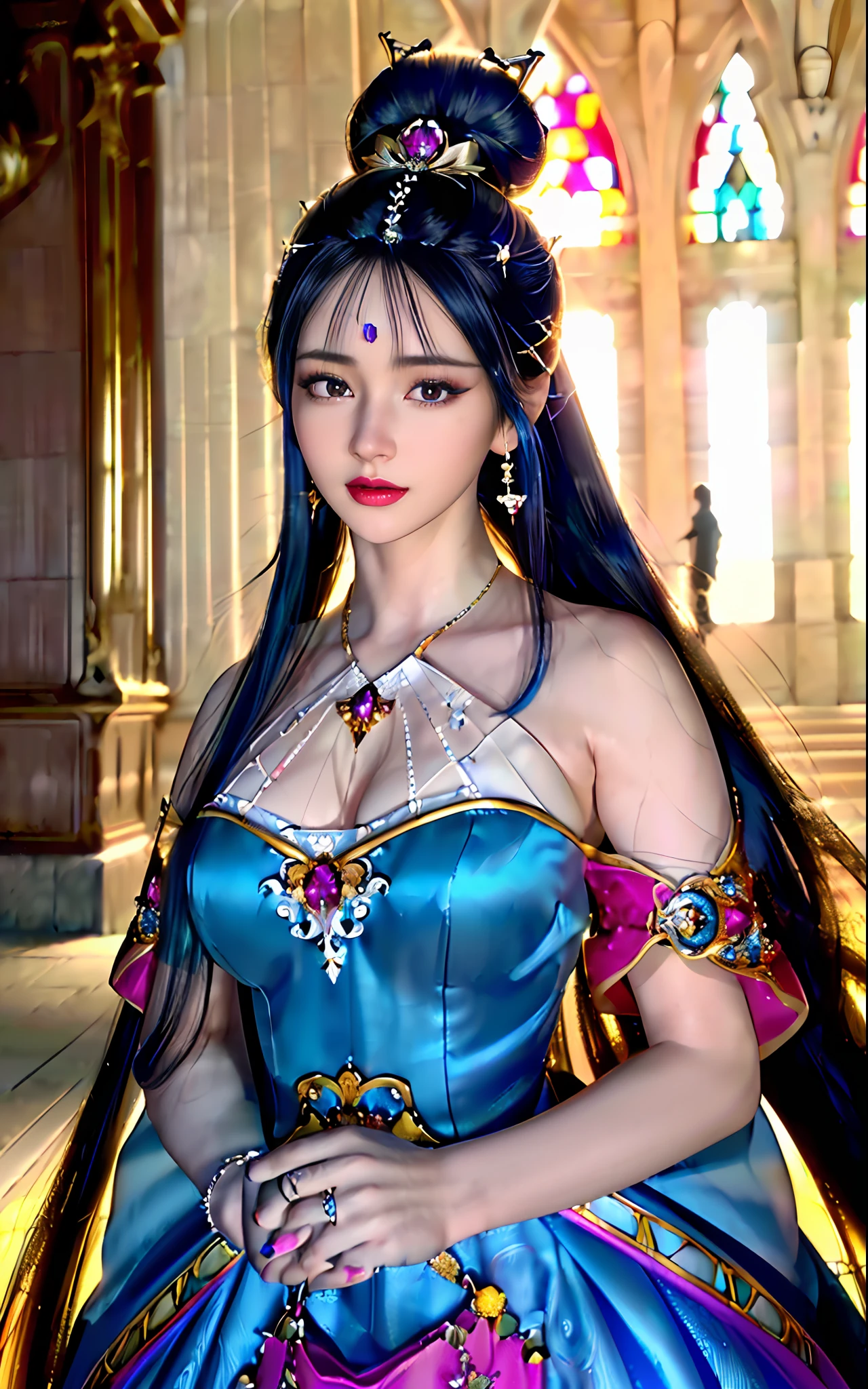 ((realisticity: 1.2)), ((realistic: 8K UHD)), ((best resolution: 8K UHD)), hyper detailed, best quality,masterpiece,highres,cg, ((1 girl hyper detailed and hyper realistic) ) , ((beautiful queen, hyper realistic and hyper detailed)),((white skin, beautiful, smooth, youthful, hyper realistic and hyper detailed )), ((Face hyper beautiful, white, hyper realistic and hyper detailed ) ), long hair, ((hyper realistic and hyper detailed dress)), solo, ((hyper realistic, hyper beautiful, beautiful and hyper detailed jewelry)), ((hyper beautiful deep red and golden yellow dress, hyper realistic and hyper detailed )) , ((Her pretty, hyper realistic, hyper detailed diamond filled earrings)), ((Her gorgeous diamond haircut, hyper realistic and hyper detailed)), ((hyper pretty upper body, hyper beautiful, hyper realistic and hyper detailed) ), ((medium breast: 1.5)), ((hyper realistic, hyper pretty, hyper detailed boobs)), ((the backgroun of the royal palace is hyper majestic, hyper realistic and hyper detailed)),((hands and palms hyper beautiful, hyper detailed, hyper realistic)), ((fingers: pinky finger, index finger, ring finger, middle finger, and thumb hyper realistic, hyper detailed, hyper beautiful)), ((hyper pretty, hyper pretty, hyper realistic and hyper detailed hair bun)), ((hyper pretty , hyper realistic and hyper detailed blue hair)), candid, Photo, high resolution, 8k , bokeh,
