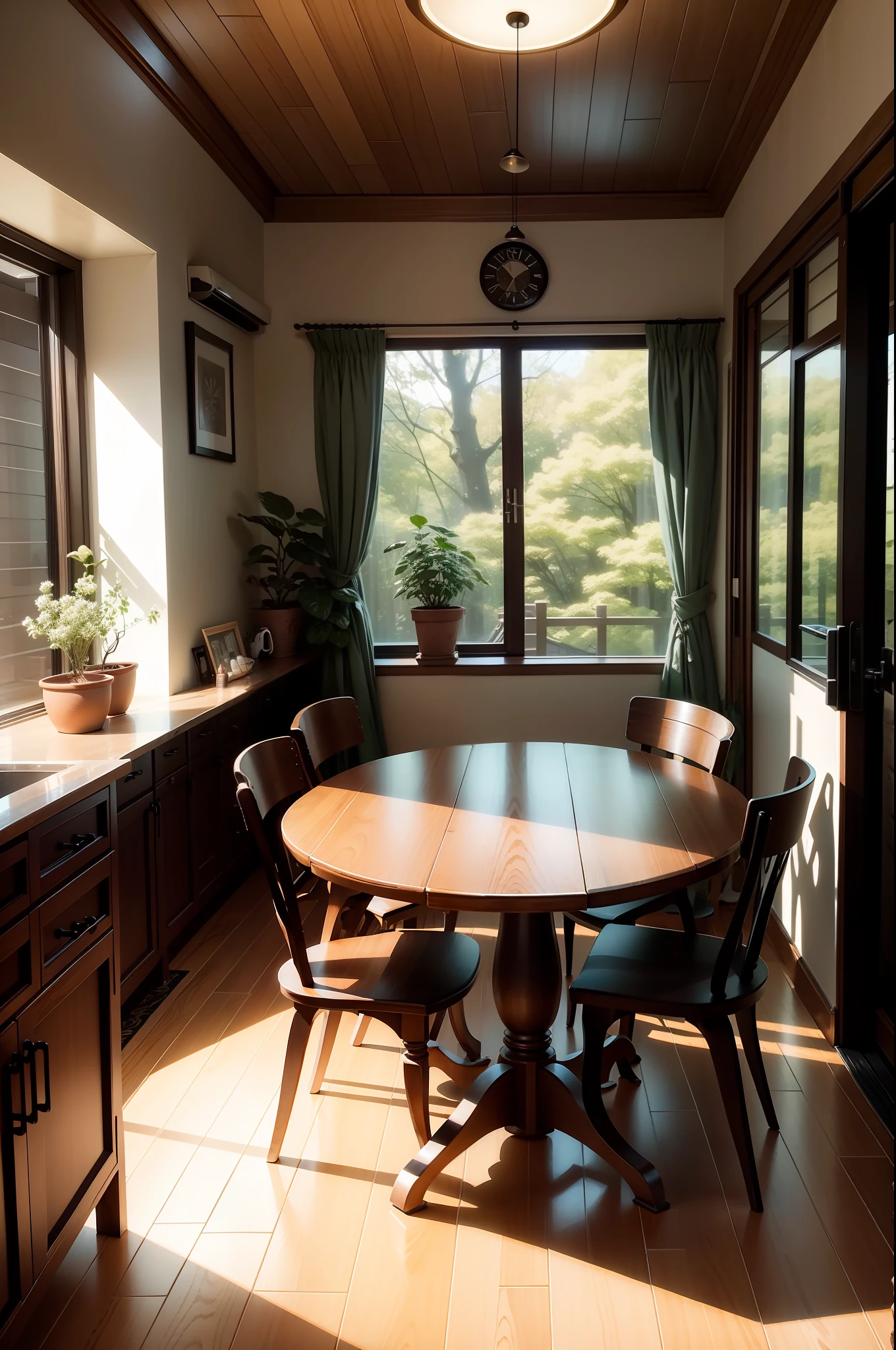 interior design、Insanely detailed wide-angle architectural photo、Cozy contemporary living room、(Bright and warm sunlight 1:0.1)、Award-winning contemporary interior design、landscapes、The table、a chair、in a house、Wooden flooring、window、resturant、east asian east asian architecture、sliding paper doors、abajour、architectural、the woods、naturey、cups、a plant、interior design、Insert lighting and shadows、depth of fields、low illuminance