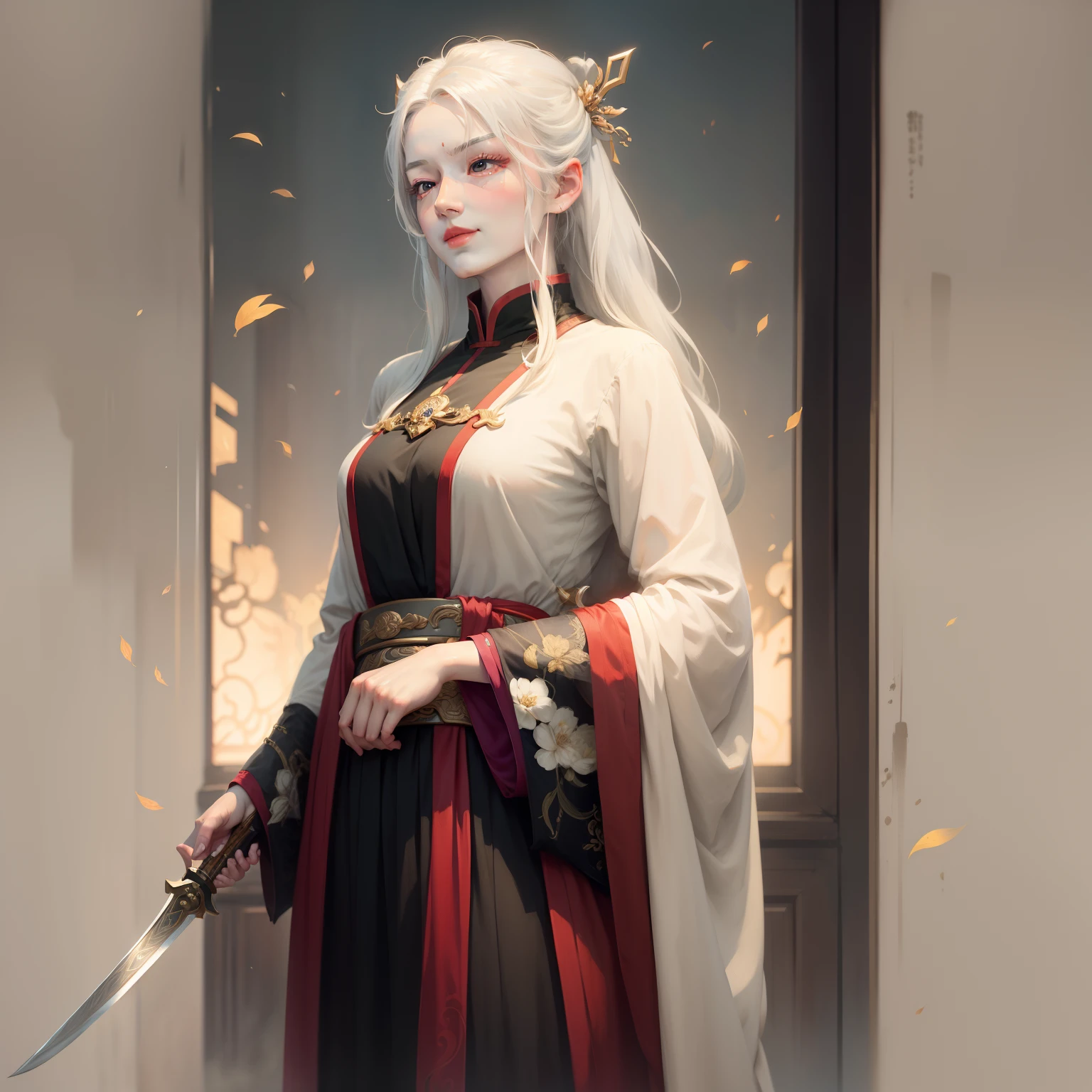 White-haired swordsman woman in front of her,Dress conservatively,a character portrait by Yang J,Pixiv competition winner,Fantasyart,White-haired god,Beautiful character painting,FAN Qi,Classical Chinese style artwork,Smile and gaze,Guviz,long white hair,Long white hair,Tie-up your hair and robe,An extra arm,It is surrounded by golden lines,Yin and Yang Tai Chi pattern,Fairy air fluttering