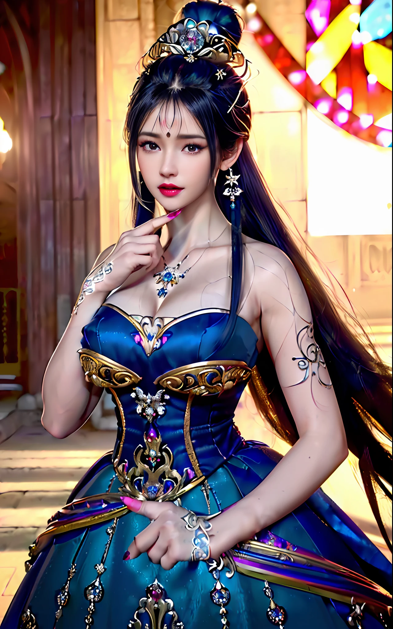 ((realisticity: 1.2)), ((realistic: 8K UHD)), ((best resolution: 8K UHD)), hyper detailed, best quality,masterpiece,highres,cg, ((1 girl hyper detailed and hyper realistic) ) , ((beautiful queen, hyper realistic and hyper detailed)),((white skin, beautiful, smooth, youthful, hyper realistic and hyper detailed )), ((Face hyper beautiful, white, hyper realistic and hyper detailed ) ), long hair, ((hyper realistic and hyper detailed dress)), solo, ((hyper realistic, hyper beautiful, beautiful and hyper detailed jewelry)), ((hyper beautiful deep red and golden yellow dress, hyper realistic and hyper detailed )) , ((Her pretty, hyper realistic, hyper detailed diamond filled earrings)), ((Her gorgeous diamond haircut, hyper realistic and hyper detailed)), ((hyper pretty upper body, hyper beautiful, hyper realistic and hyper detailed) ), ((medium breast: 1.5)), ((hyper realistic, hyper pretty, hyper detailed boobs)),   ((the backgroun of the royal palace is hyper majestic, hyper realistic and hyper detailed)),((hands and palms hyper beautiful, hyper detailed, hyper realistic)), ((fingers: pinky finger, index finger, ring finger, middle finger, and thumb hyper realistic, hyper detailed, hyper beautiful)), ((hyper pretty, hyper pretty, hyper realistic and hyper detailed hair bun)), ((hyper pretty , hyper realistic and hyper detailed blue hair)), candid, Photo, high resolution, 8k , bokeh,