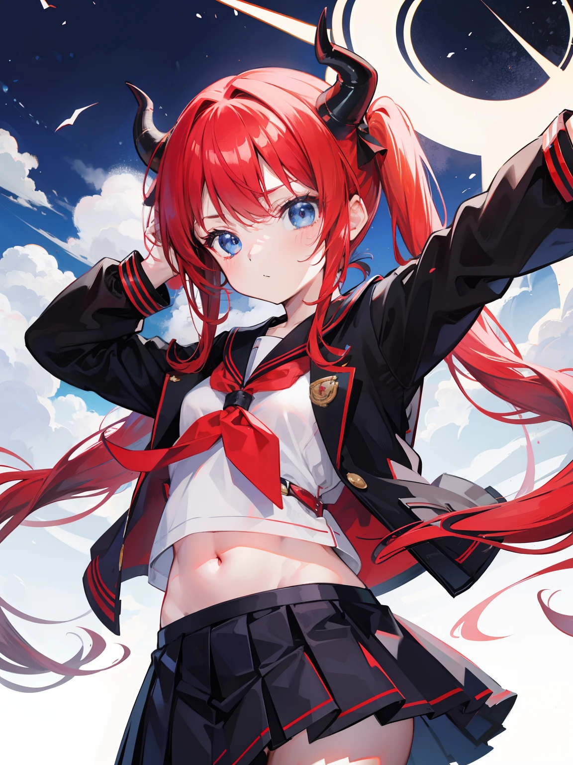 red hair, blue eyes, twintails, Sailor suit,black coat, Dragon horns,Pleated skirt,solo,loli,cute,bow