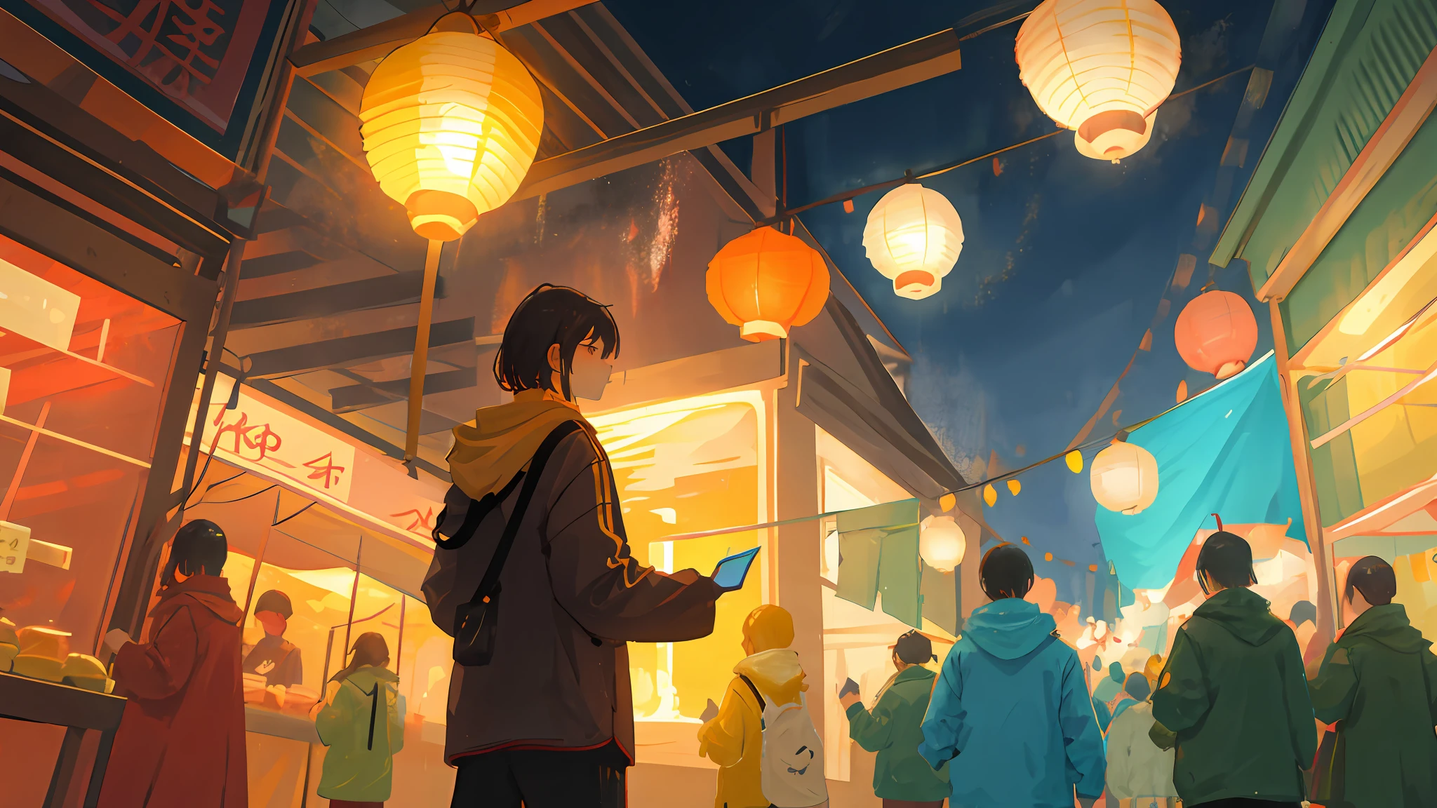 In the scene of the Spring Festival,Fireworks on the street can be depicted,Lanterns for every household,Colorful temple fairs and more。Every character in the picture should be depicted in detail,Use red at the same time、Warm colors such as yellow and fresh colors such as cyan,Match highly saturated colors,Make the whole picture warm and warm。