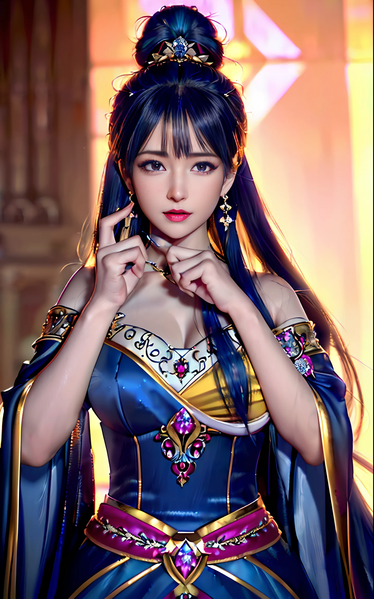 ((realisticity: 1.2)), ((realistic: 8K UHD)), ((best resolution: 8K UHD)), hyper detailed, best quality,masterpiece,highres,cg, ((1 girl hyper detailed and hyper realistic) ) , ((beautiful queen, hyper realistic and hyper detailed)),((white skin, beautiful, smooth, youthful, hyper realistic and hyper detailed )), ((Face hyper beautiful, white, hyper realistic and hyper detailed ) ), long hair, ((hyper realistic and hyper detailed dress)), solo, ((hyper realistic, hyper beautiful, beautiful and hyper detailed jewelry)), ((hyper beautiful deep red and golden yellow dress, hyper realistic and hyper detailed )) , ((Her pretty, hyper realistic, hyper detailed diamond filled earrings)), ((Her gorgeous diamond haircut, hyper realistic and hyper detailed)), ((hyper pretty upper body, hyper beautiful, hyper realistic and hyper detailed) ), ((medium breast: 1.5)), ((hyper realistic, hyper pretty, hyper detailed boobs)), ((the backgroun of the royal palace is hyper majestic, hyper realistic and hyper detailed)),((hands and palms hyper beautiful, hyper detailed, hyper realistic)), ((fingers: pinky finger, index finger, ring finger, middle finger, and thumb hyper realistic, hyper detailed, hyper beautiful)), ((hyper pretty, hyper pretty, hyper realistic and hyper detailed hair bun)), ((hyper pretty , hyper realistic and hyper detailed blue hair)), candid, Photo, high resolution, 8k , bokeh,