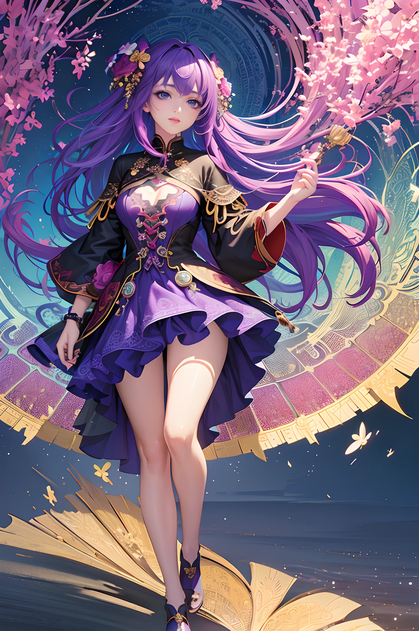 (​masterpiece、top-quality、top-quality、Official art、Beautifully Aesthetic:1.2)、(1girl in)、ighly detailed、(Fractal Art:1.3)、colourfull、highestdetailed、Bright purple hair、fullllbody、tattoo body