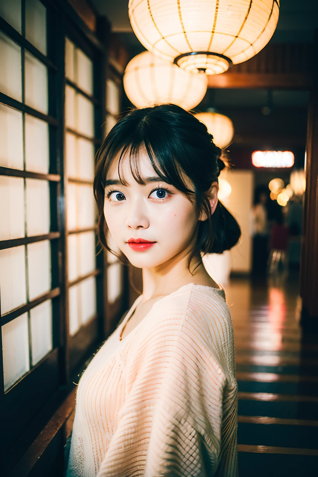 best quality ,masterpiece,ultra high res,(photo realistic:1.4), 1 girl, looking at viewer, Wearing dress, korean famous actress, very beautiful,kawaii, Cinematic, 35mm lens, f/ 1. 8, accent lighting, 8k, in Kyoto
