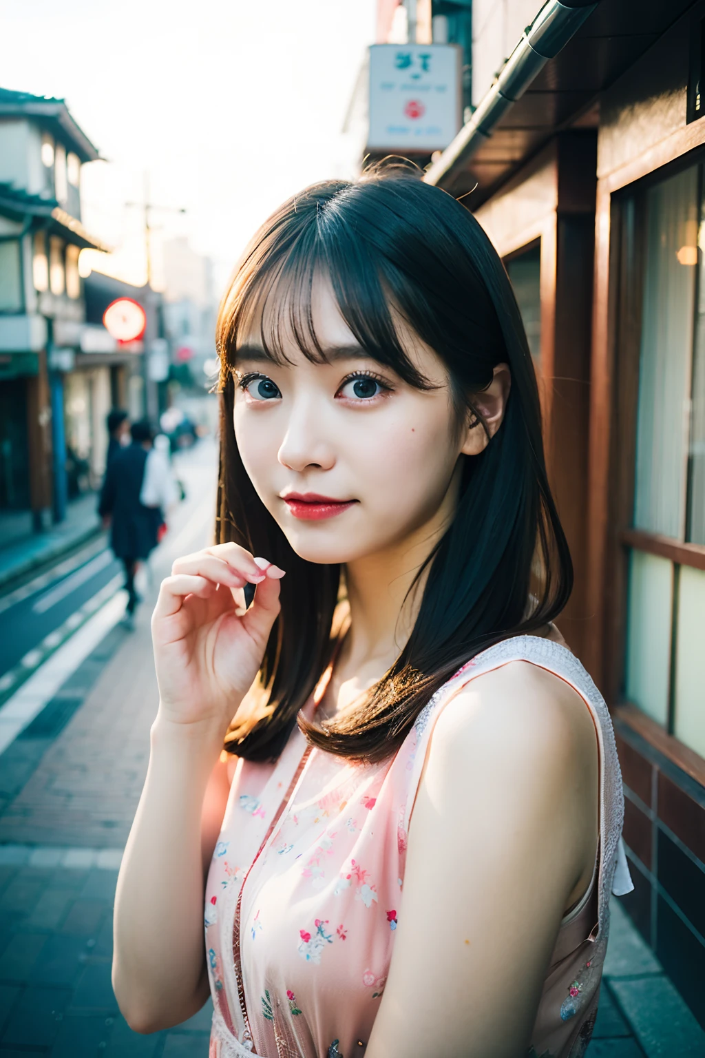 best quality ,masterpiece,ultra high res,(photo realistic:1.4), 1 girl, looking at viewer, Wearing dress, korean famous actress, very beautiful,kawaii, Cinematic, 35mm lens, f/ 1. 8, accent lighting, 8k, in Kyoto
