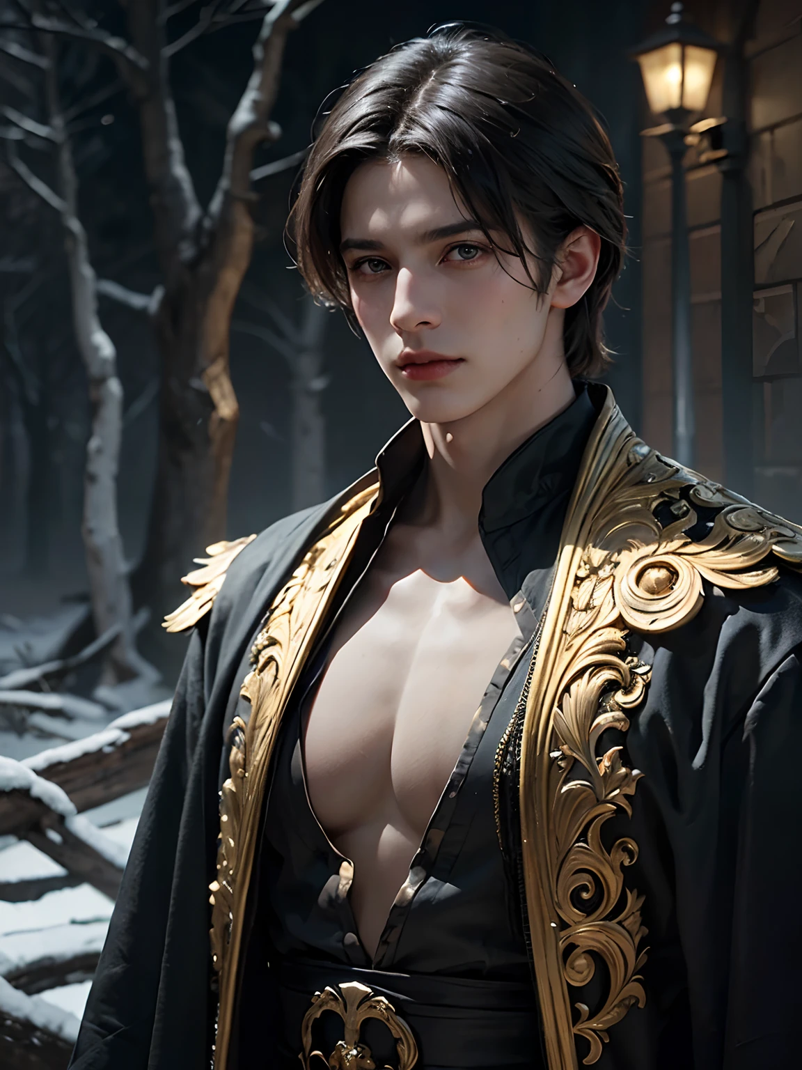 1man, smirk, in the frost forest, solo focus, adult, pale and young adult face, short black hair, black silk robe with golden lining, palace, realistic, dynamic pose realistic, detailed and correct facial structure, dark atmosphere, blades ornaments, LEON S. KENNEDY, handsome, attractive, slightly muscular, cinematic lighting, unreal engine, trending on ArtStation, intricate details,  masterpiece, best quality, by Irakli Nadar, Greg Rutkowski，(((best quality))),(((ultra detailed))),(((masterpiece)))