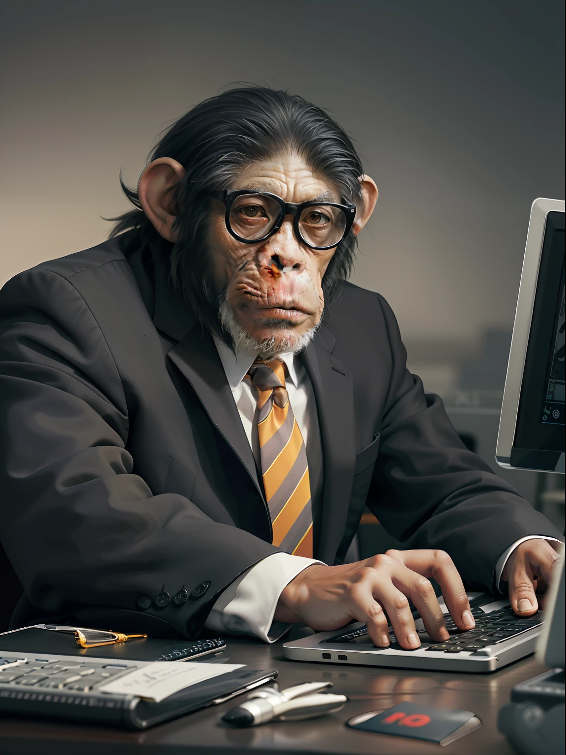chimp，Not human，dressed in a suit，With a tie，Wearing glasses，Sit in front of a computer and type，Keep your eyes on the computer screen，The background is a crowded office，Side lens，Rich in detail