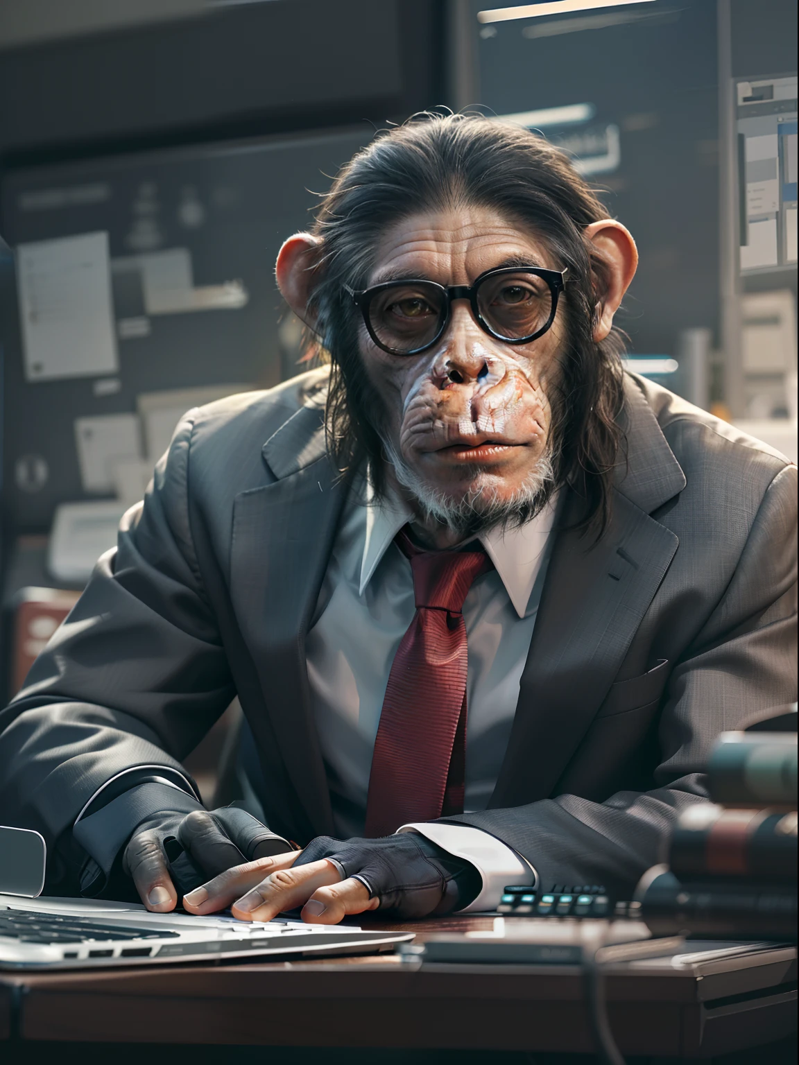 chimp,Not human,dressed in a suit,With a tie,Wearing glasses,Sit in front of a computer and type,Keep your eyes on the computer screen,The background is a crowded office,Side lens,Rich in detail