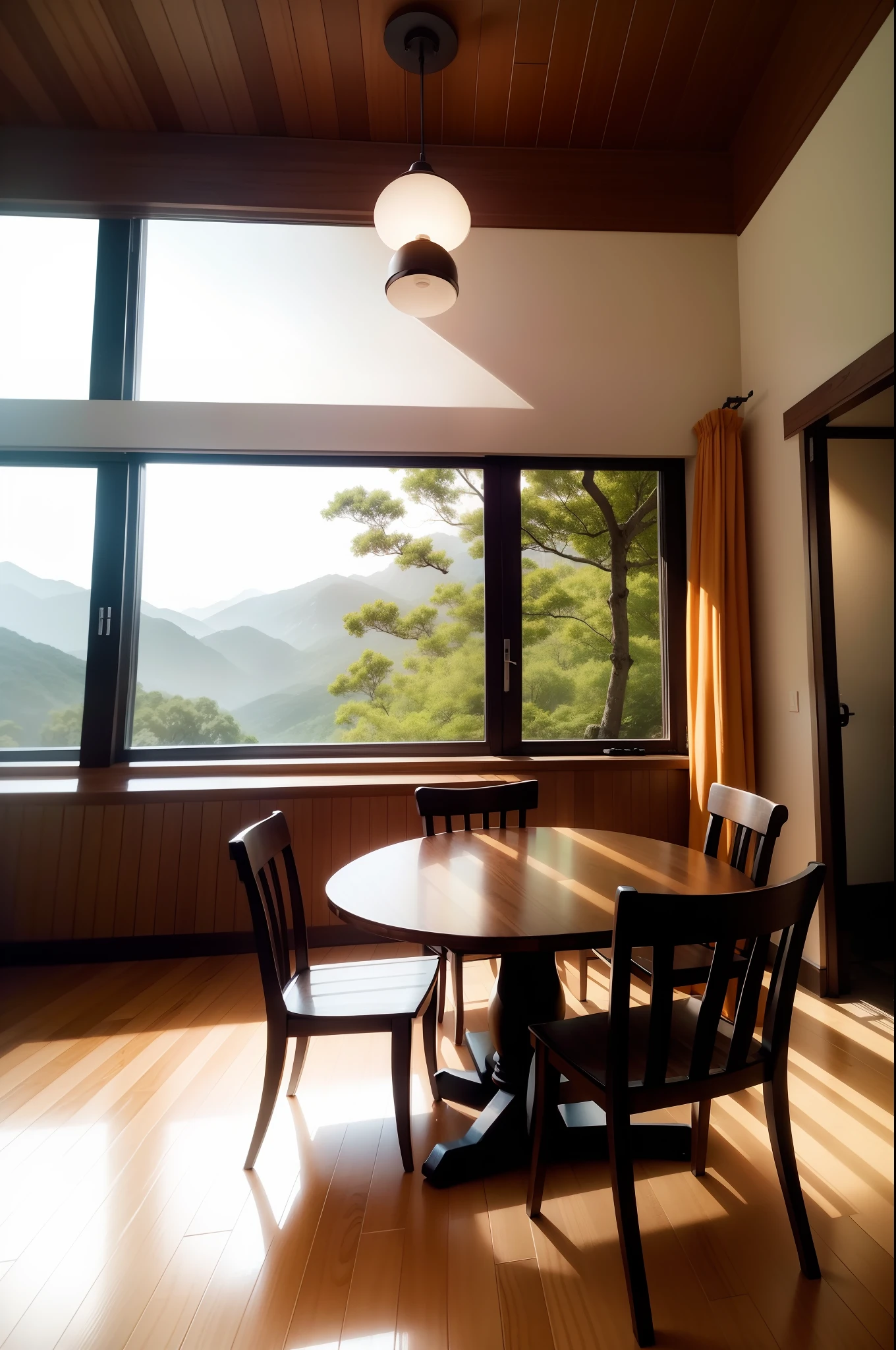 interior design、Insanely detailed wide-angle architectural photo、Cozy contemporary living room、(Bright and warm sunlight 1:0.1)、Award-winning contemporary interior design、landscapes、The table、a chair、in a house、Wooden flooring、window、resturant、east asian east asian architecture、sliding paper doors、abajour、architectural、the woods、naturey、cups、a plant、interior design、Insert lighting and shadows、depth of fields、low illuminance