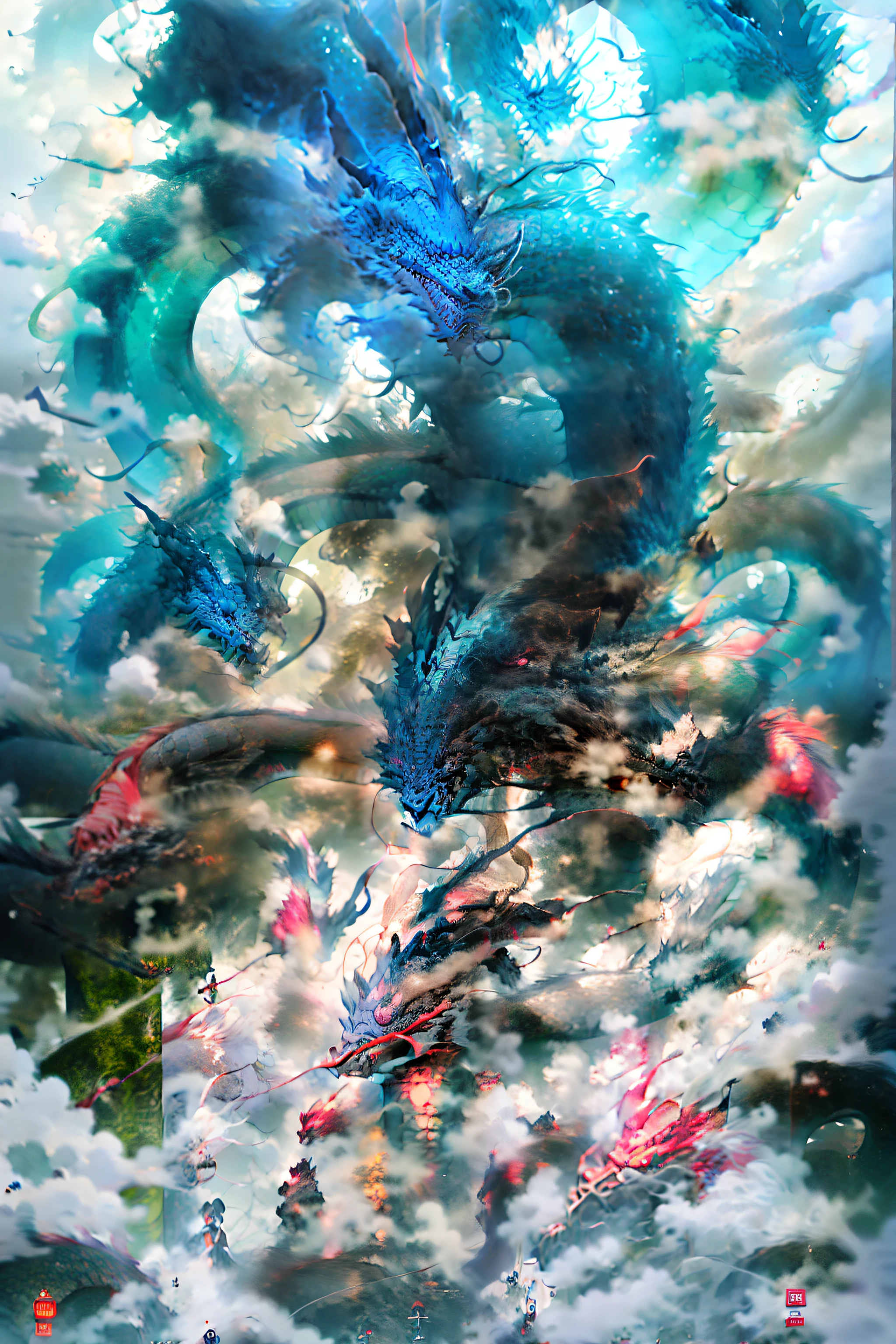 Black undertone,Close-up of a Chinese dragon with partial red hair,Fly above the sky,It is surrounded by clouds and mist