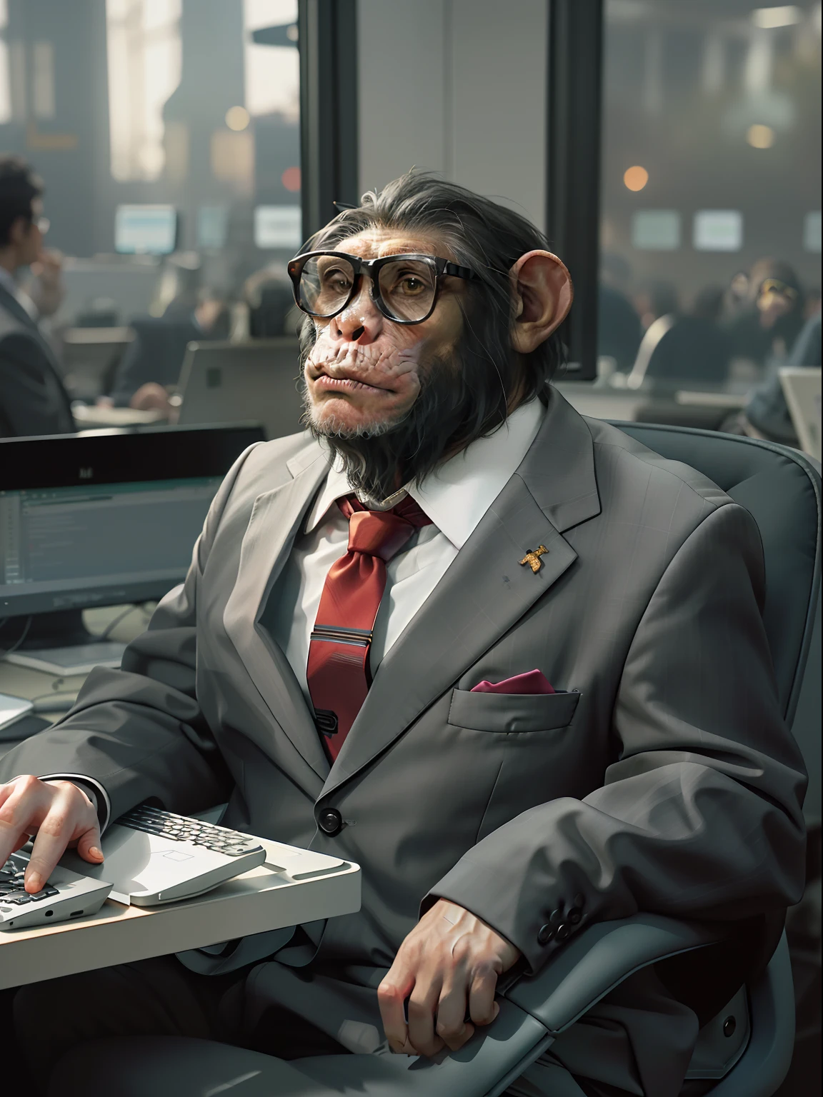 chimp,Not human,dressed in a suit,With a tie,Wearing glasses,Sit in front of a computer and type,Keep your eyes on the computer screen,The background is a crowded office,Side lens,Rich in detail