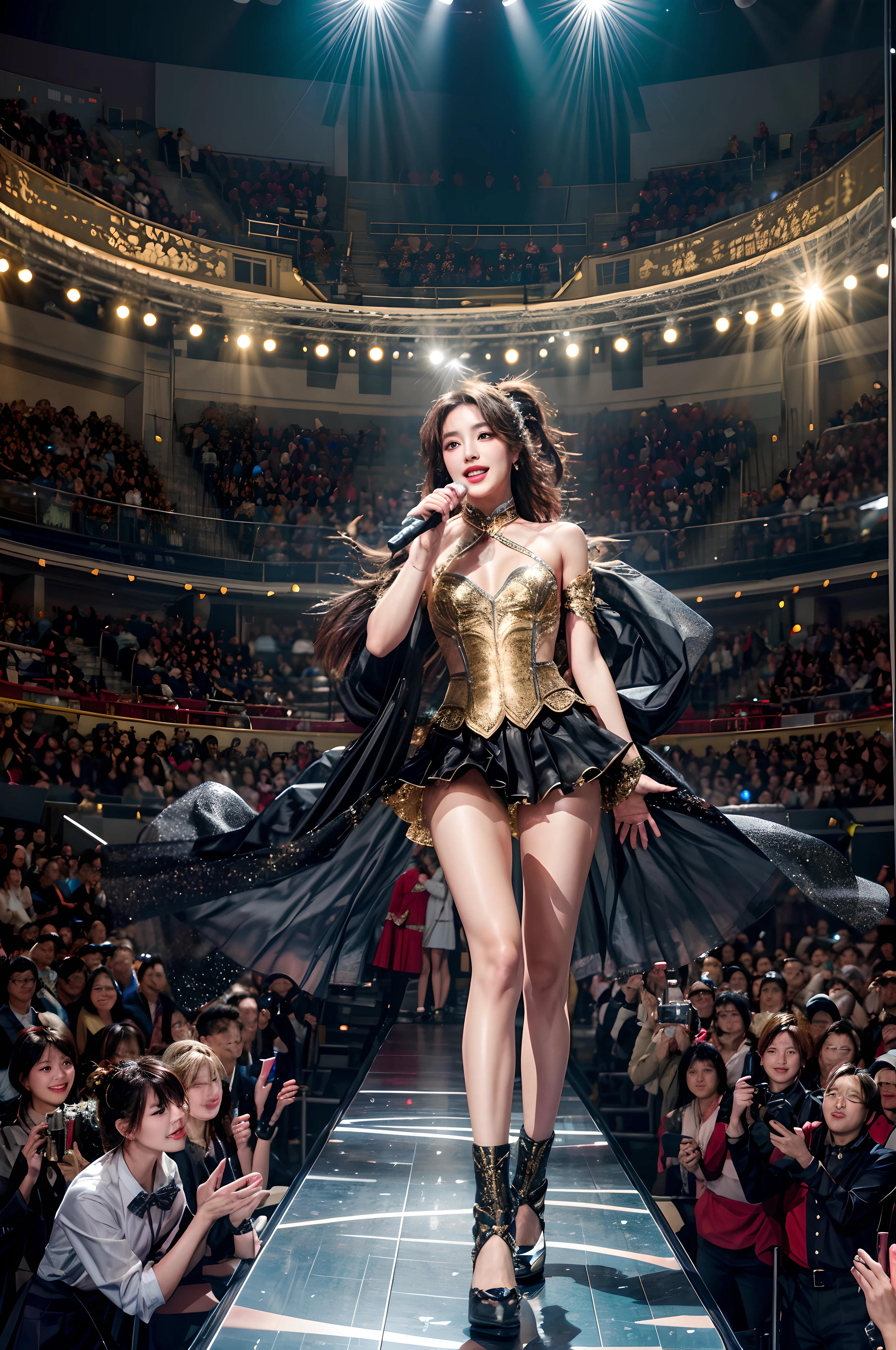 beauitful face,A female idol on stage, Dressed in gorgeous stage costumes, Holding a microphone, full body shot shot. Brilliant brilliance, glittery, perfect bodies, Stage lighting effects, realisticlying,skin textures,Super high texture,hyper HD, 鎖骨, thigh gap, Small hips, Mini skirt, Matayom uniform。Enthusiastic audience,T-stage,star walk