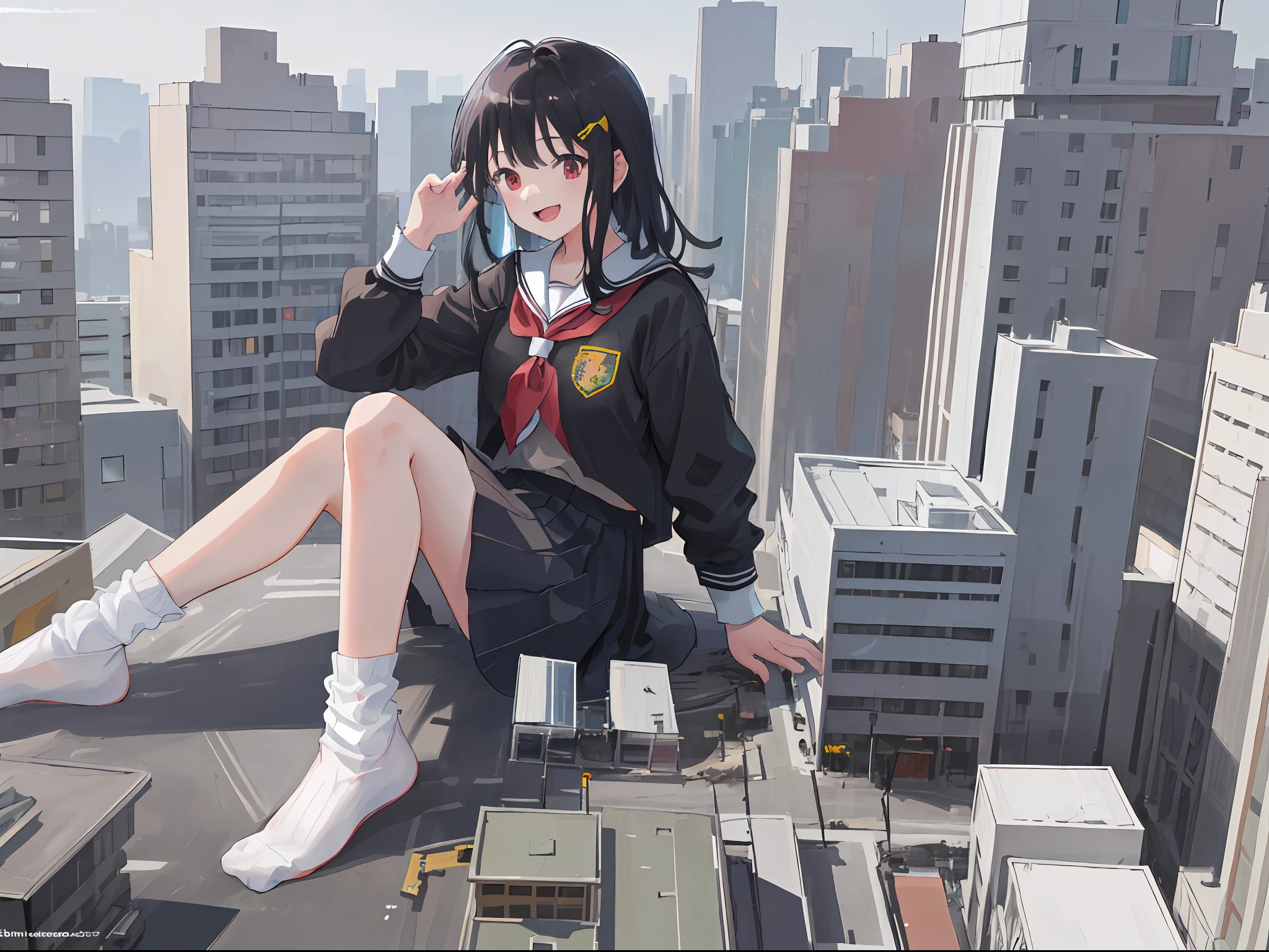 1girl, black hair, red eyes, (socks:1.4), school uniform, bangs, genuine, highly detailed, happy, smiling, full body, anime girl sitting on a ledge in a city with a cityscape in the background, giantess art!!!