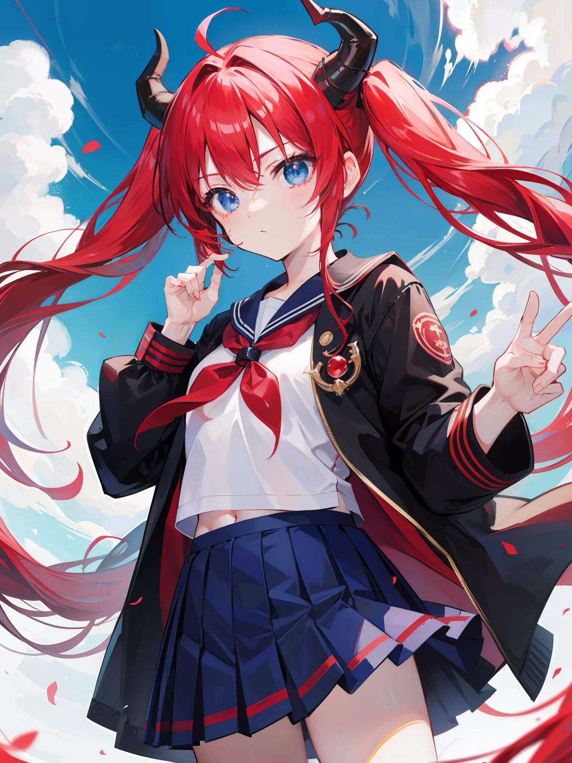 red hair, blue eyes, twintails, Sailor suit,black coat, Dragon horns,Pleated skirt,solo,loli,cute,bow