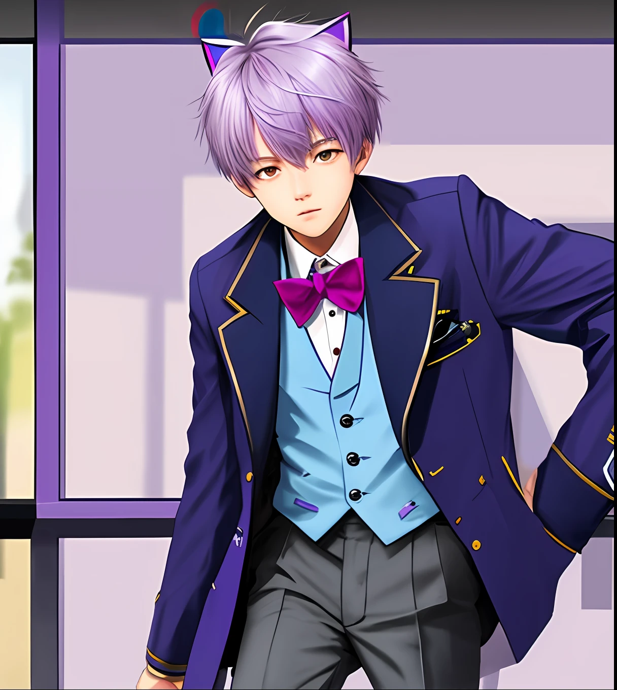 Lilac hair，Boy ，short detailed hair，shoun，Student uniform，dark blue coat，quadratic element，Blue-violet heteropupil，cat ear，delicated，crosses，solo person