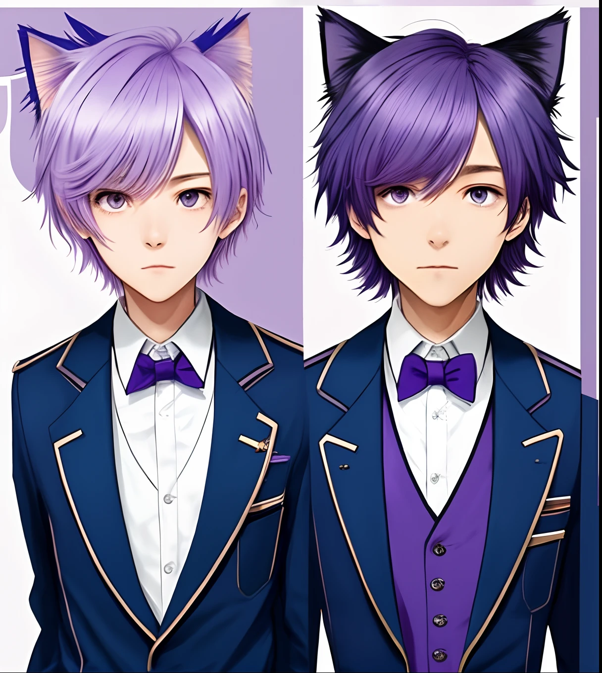 Lilac hair,Boy student,short detailed hair,shoun,Student uniform,dark blue coat,quadratic element,Blue-violet heteropupil,cat ear,delicated,crosses,solo person
