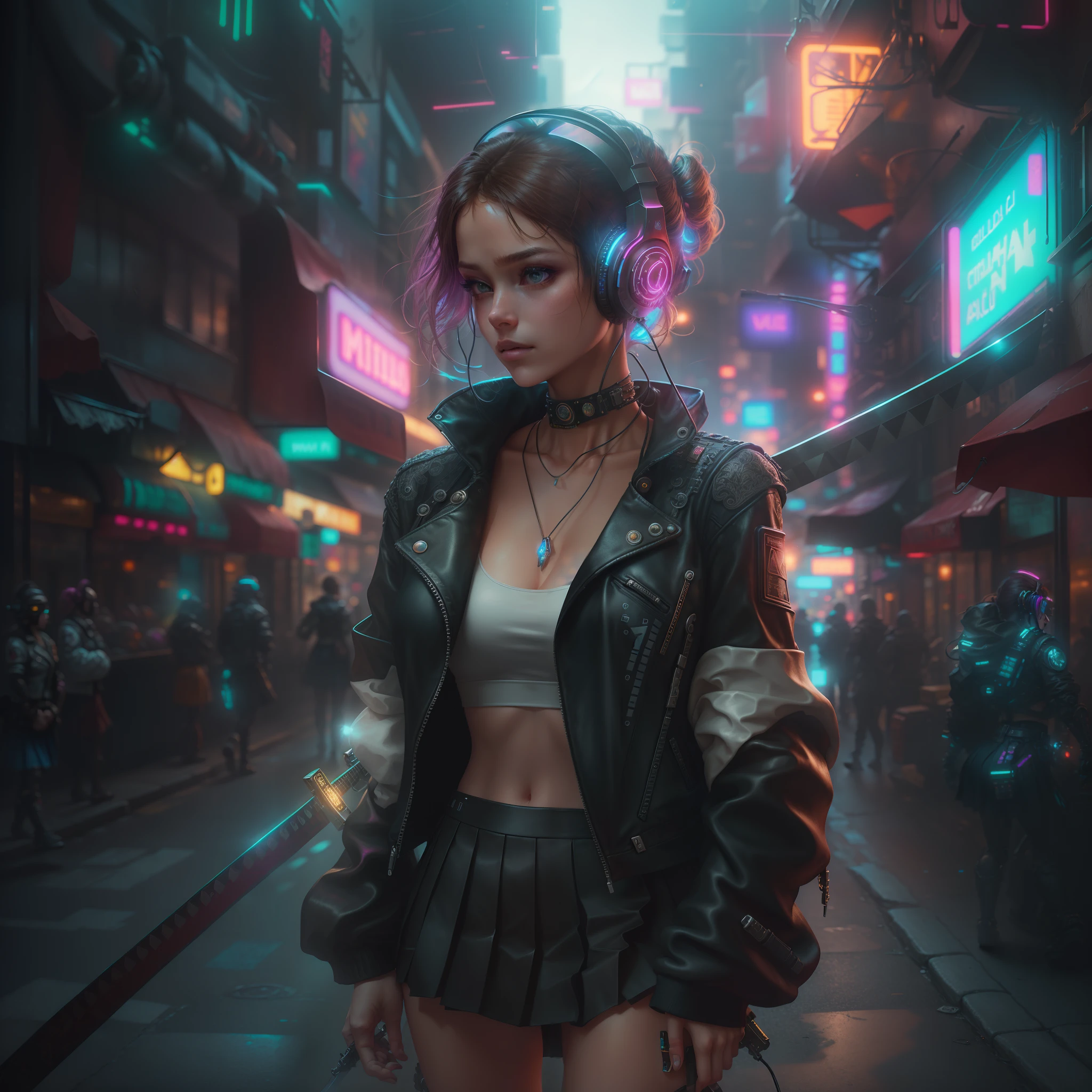 best quality, realistic, photorealistic, award-winning illustration, (intricate details:1.2), (delicate detailed), (intricate details), (cinematic light, best quality Backlights), clear line, sharp focus, official art, unity 8k wallpaper, absurdres, incredibly absurdres, huge filesize, ultra- (in_main_street:1.21), (neon lamp),fantasy art, rtx,((award winning studio closeup photo of a triangle)), 1girl,Incredibly beautiful,(closed mouth),small breasts,((Cyberpunk city Street, Battle Maiden,Katana, robot arm)),beautiful detailed eyes,Perfect Face,(Cyberpunk blouse, leather jacket, Martin boots),(headphones_around_neck),(headphones_around_hair),((pleated skirt)), ((Supermodel Pose)),