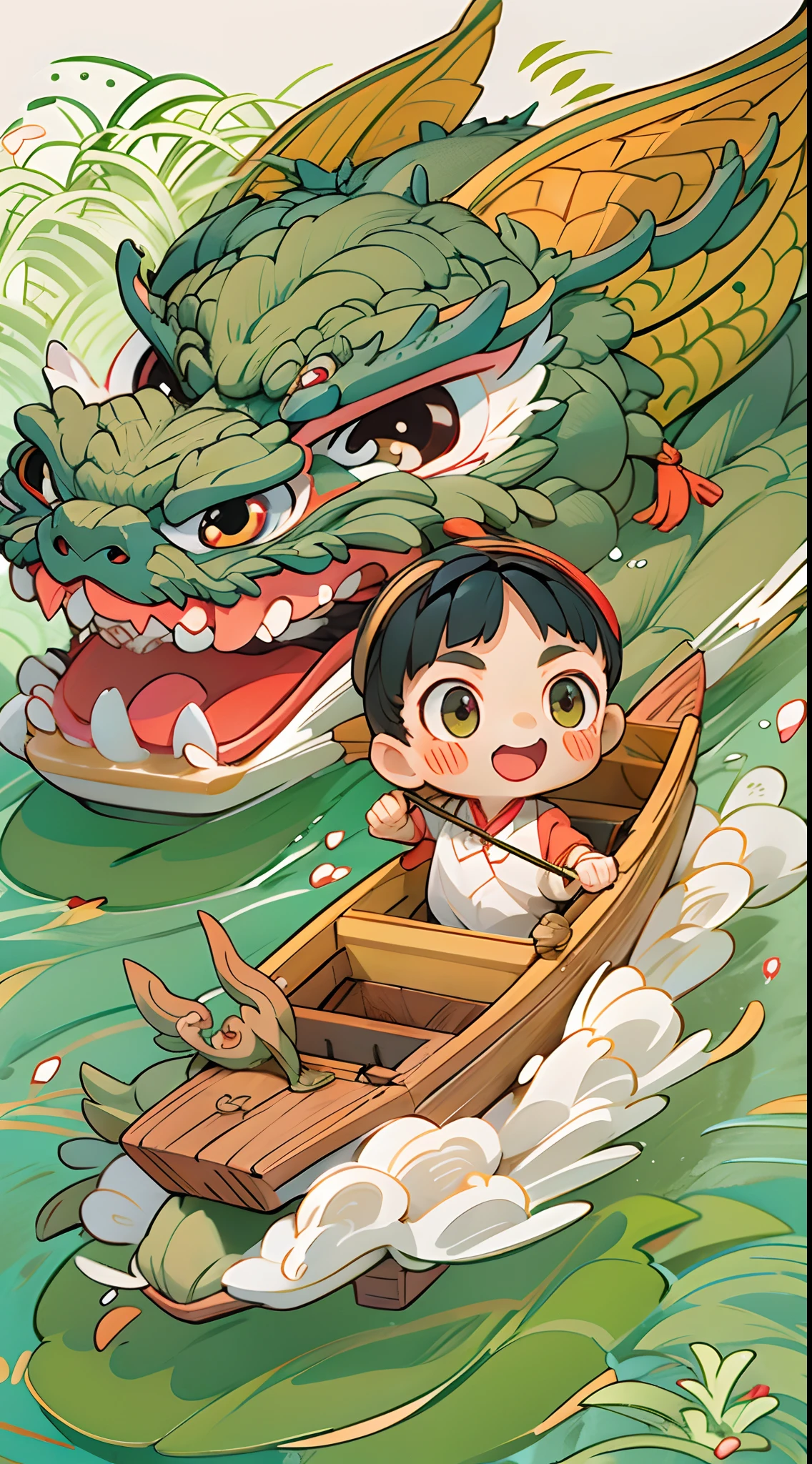 Dragon Boat Festival Chinese cute little boy and little girl racing dragon boat wooden boat dragon dragon dragon