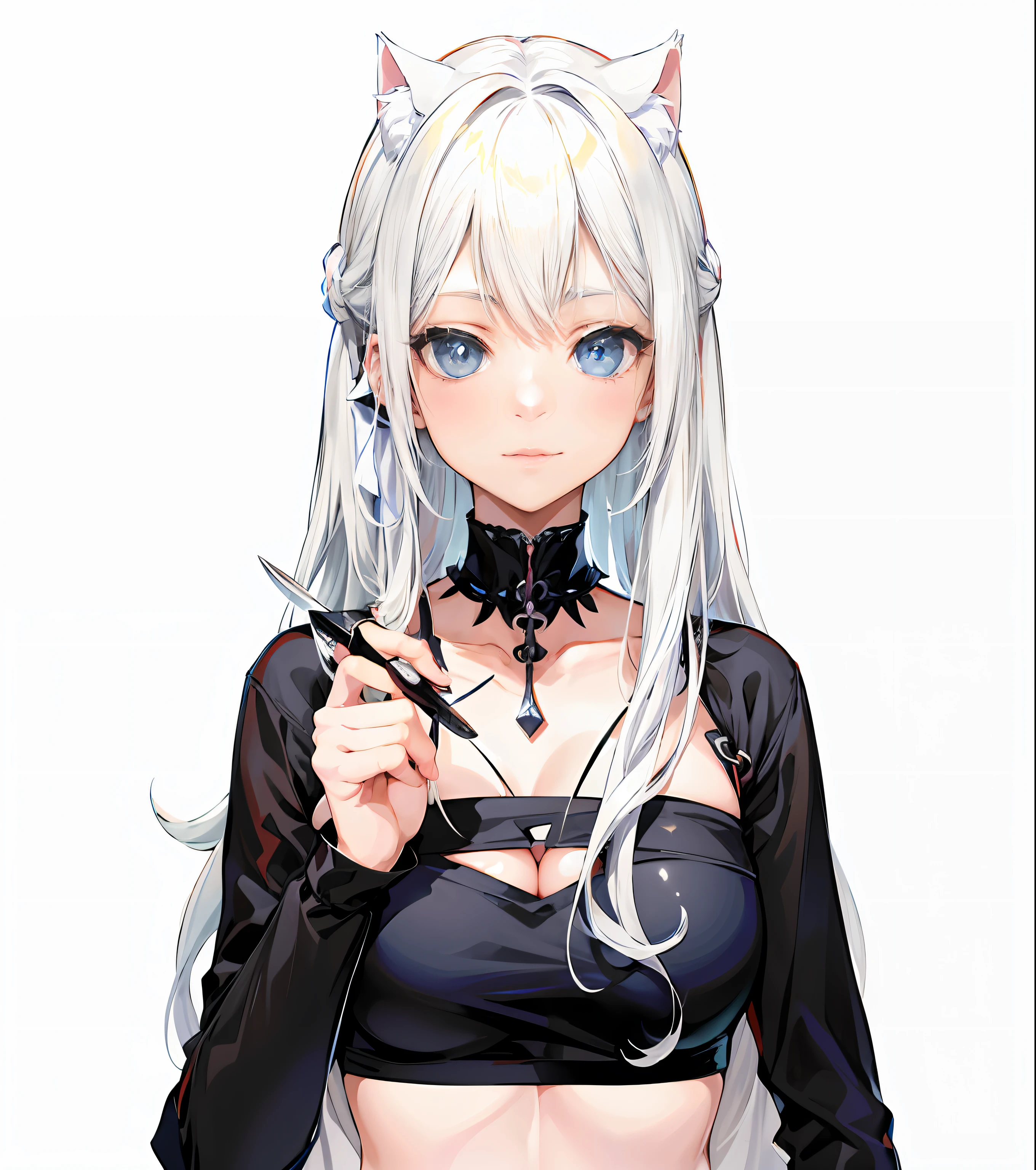 Anime character with white hair, blue eyes and a knife, White Cat Girl, anime girl with cat ears, beautiful anime catgirl, Very beautiful anime cat girl, cute anime catgirl, Attractive cat girl, anime catgirl, Anime waifu, style of anime4 K, seductive anime girls, Girl with cat ears, An anime girl, attractive anime girls