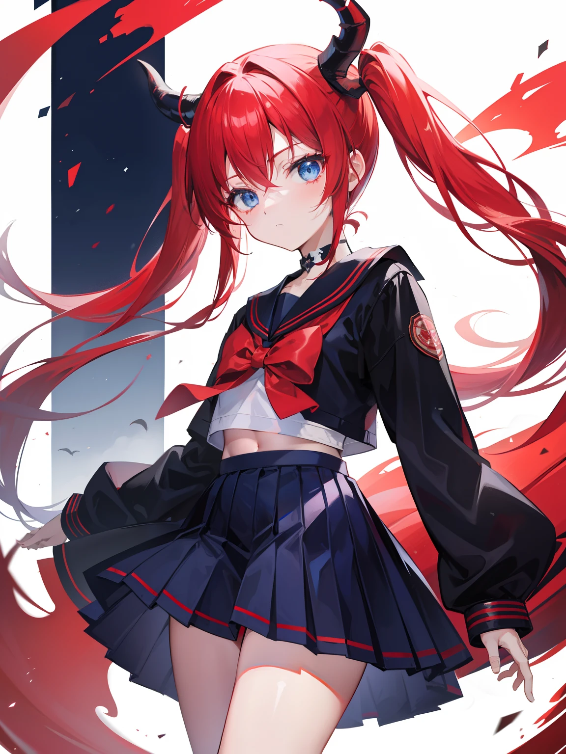 red hair, blue eyes, twintails, Sailor suit,black coat, Dragon horns,Pleated skirt,solo,loli,cute,bow
