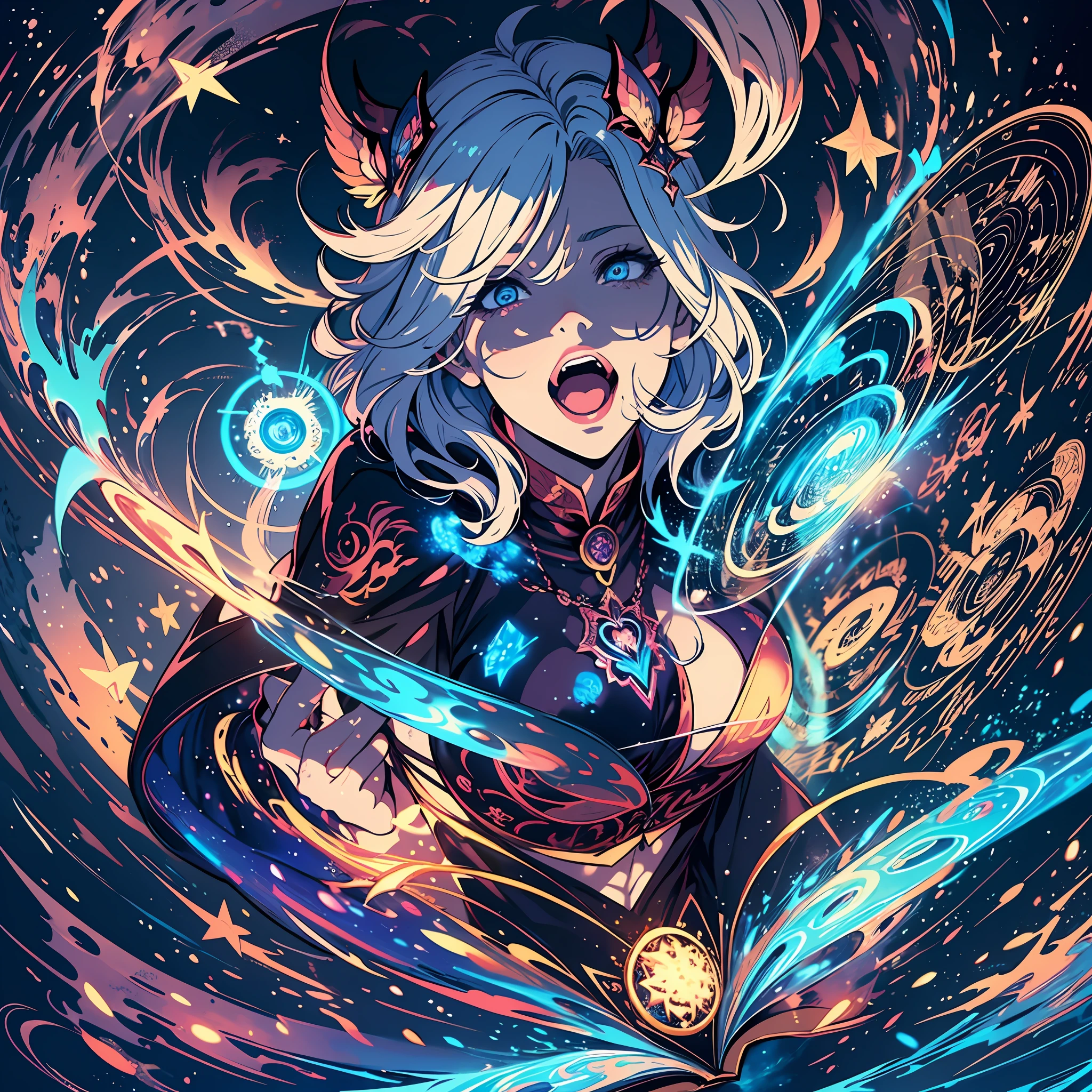 ((illustration)),colorful,wallpaper,energy,Unknown terror,arcane,Around the magic,magic surrounds,magic rod,book,pages flying all over the sky,Know it all,Predicting the Future,Know the past,Infinite wisdom,blue flame,Warlock,Magical Circle,Pentagram,incantation,mantra,Singing magic, bikini,